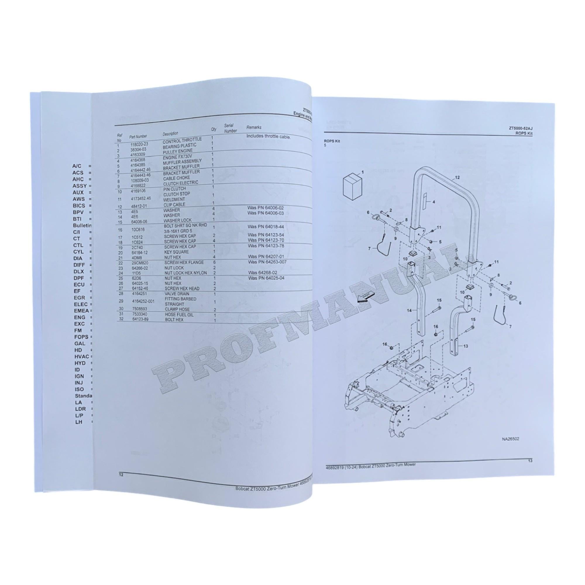 Bobcat ZT5000 Turf Mower Parts Catalog Manual B66H11001-