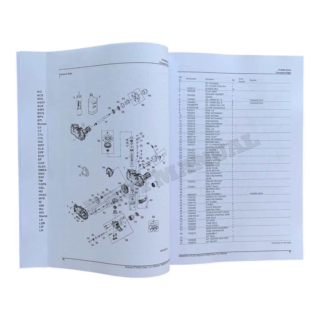 Bobcat ZT5000 Turf Mower Parts Catalog Manual B66H11001-