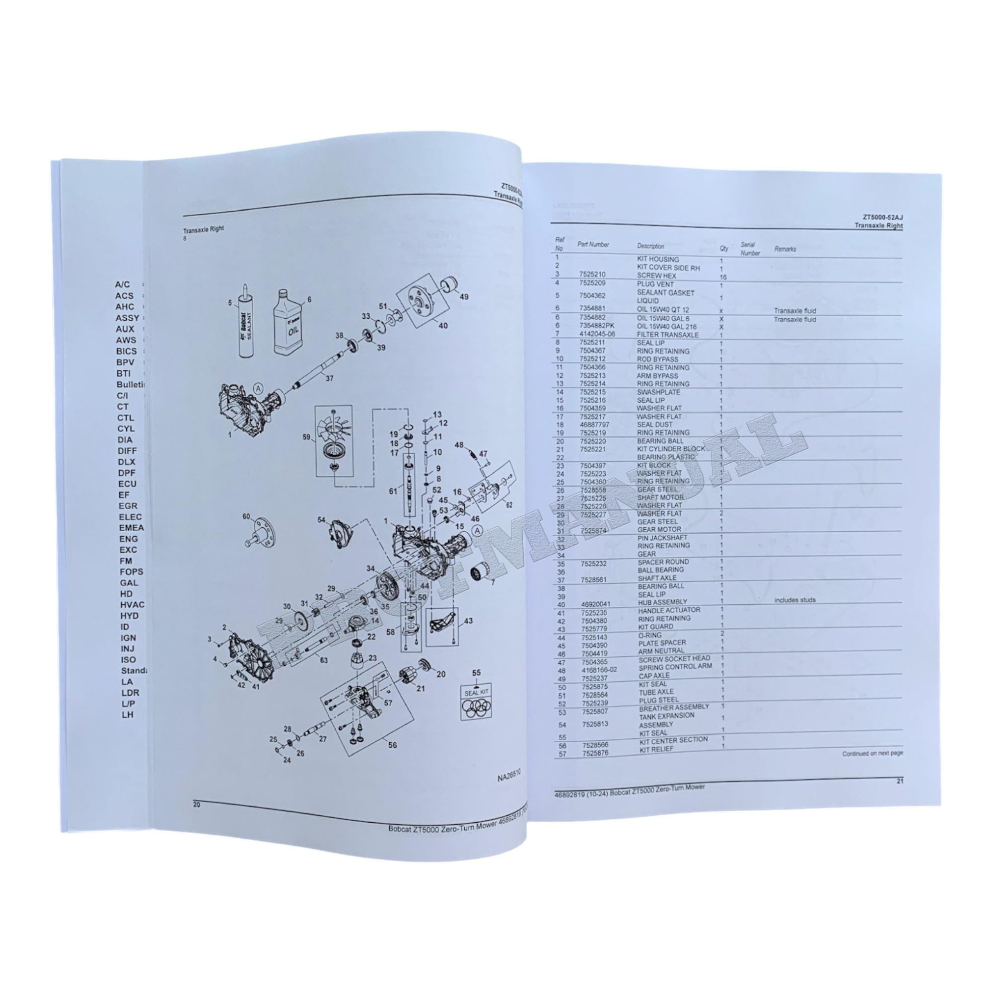 Bobcat ZT5000 Turf Mower Parts Catalog Manual B66H11001-