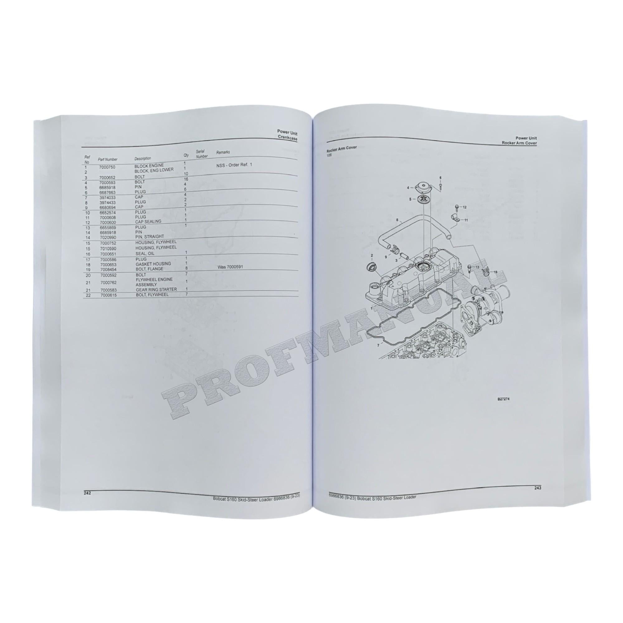 Bobcat S160 Skid Steer Loader Parts Catalog Manual A3L311001- A3L411001-