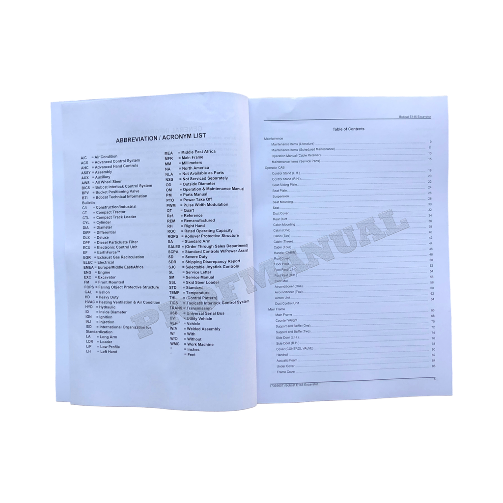 Bobcat E145 Excavator Parts Catalog Manual B4WU11001-