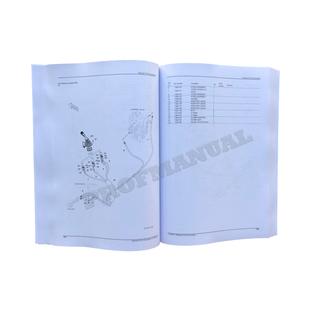 Bobcat E145 Excavator Parts Catalog Manual B4WU11001-
