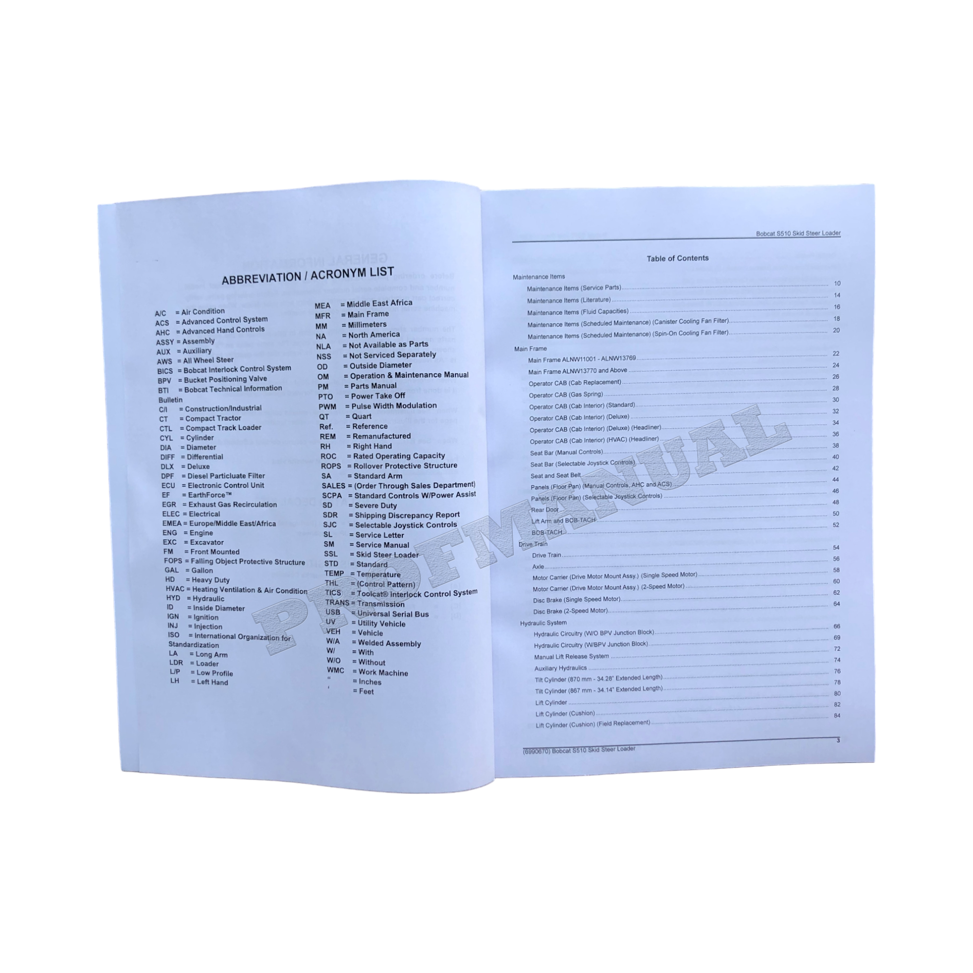 Bobcat S510 Skid Steer Loader Parts Catalog Manual ALNW11001-