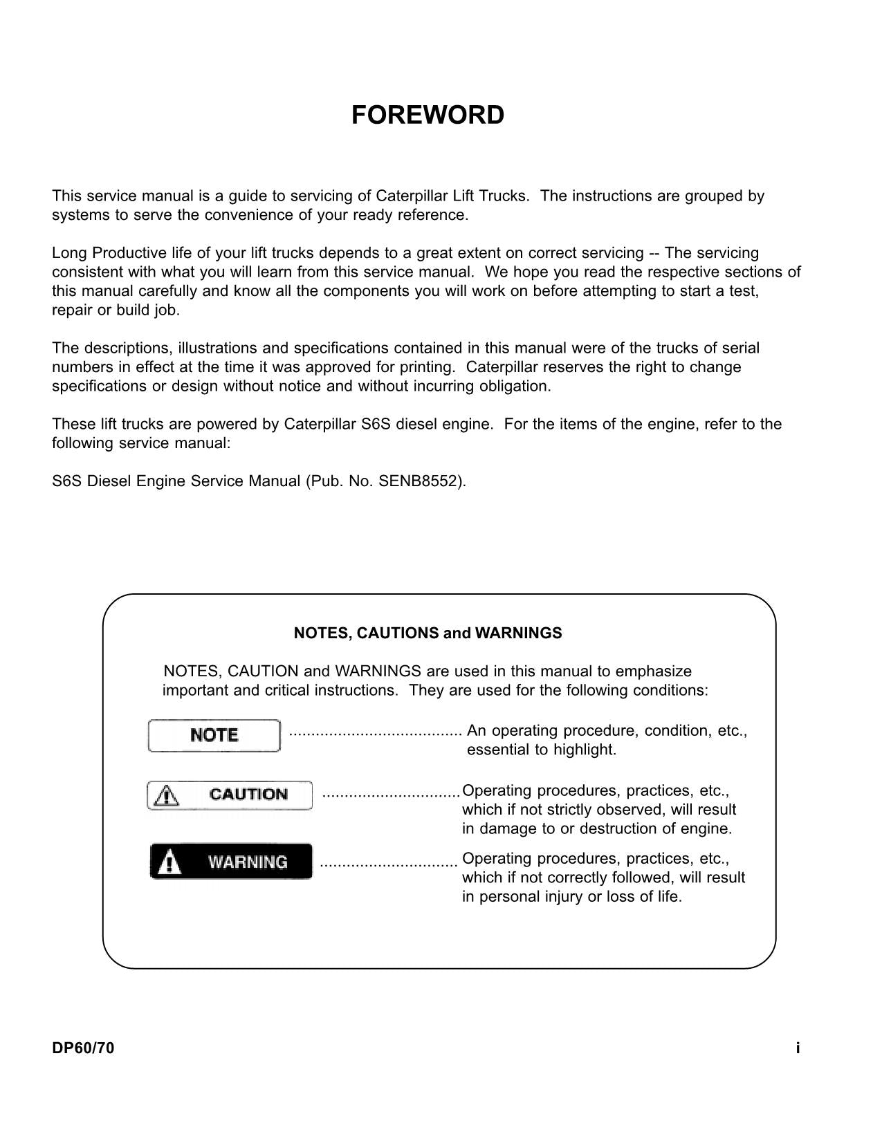 Manual de servicio del mástil del chasis de la carretilla elevadora Caterpillar DP60 DP70