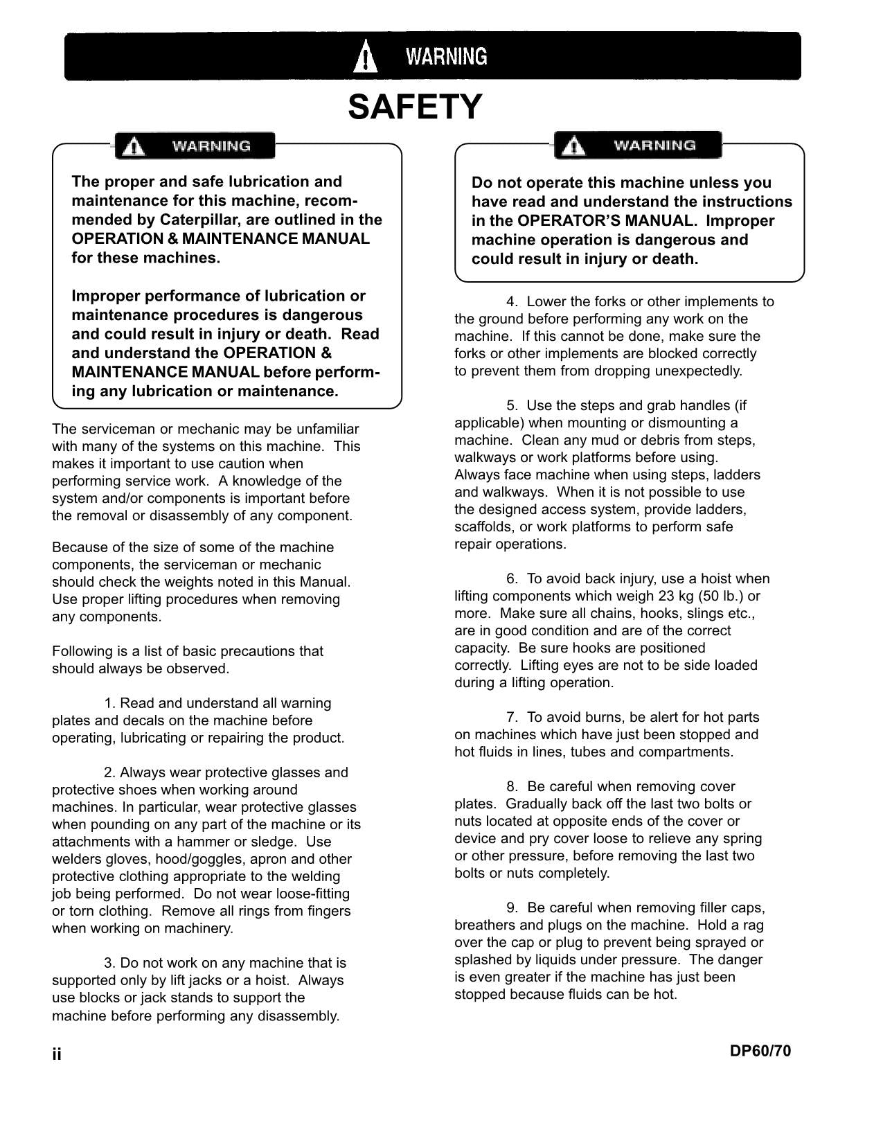 Manual de servicio del mástil del chasis de la carretilla elevadora Caterpillar DP60 DP70