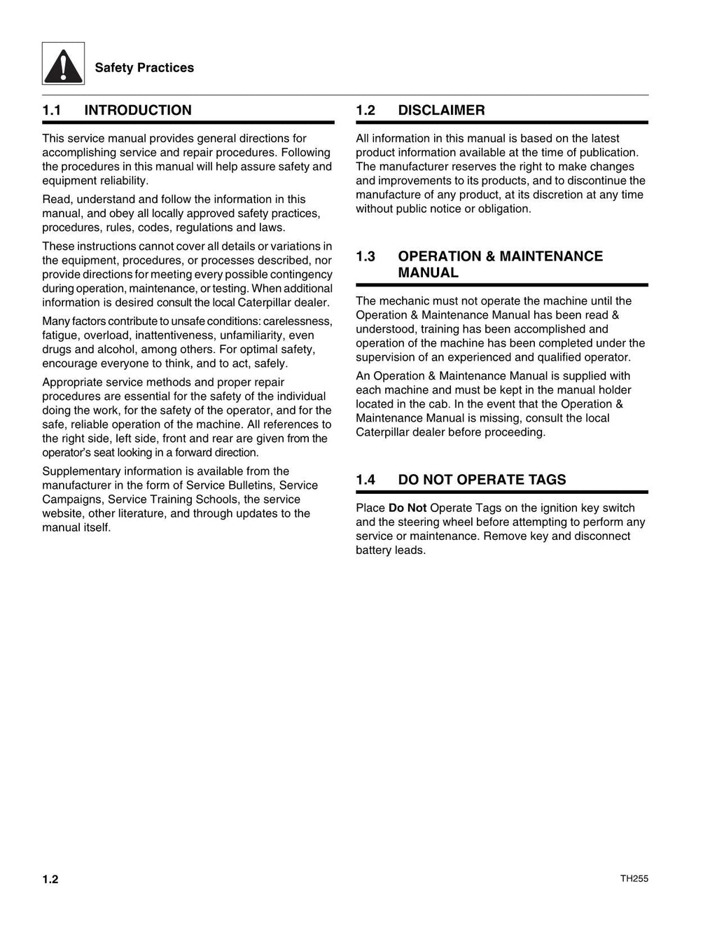 Caterpillar TH255 Telehandler Service Manual S/N TBS00100 and After