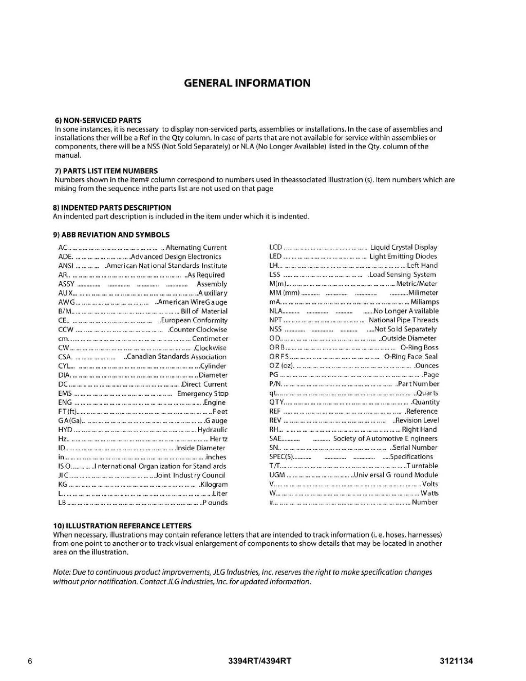 JLG 3394RT 4394RT Scissor Lift Parts Catalog Manual Prior to 0200191606