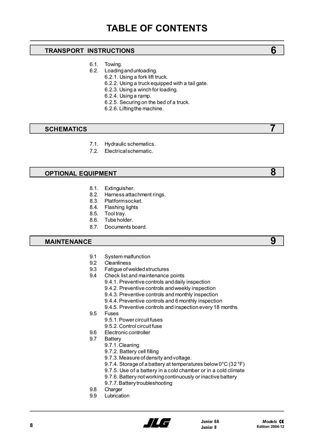 TOUCAN Junior 6A Junior 8A Vertical Lift Maintenance Operation Operators Manual