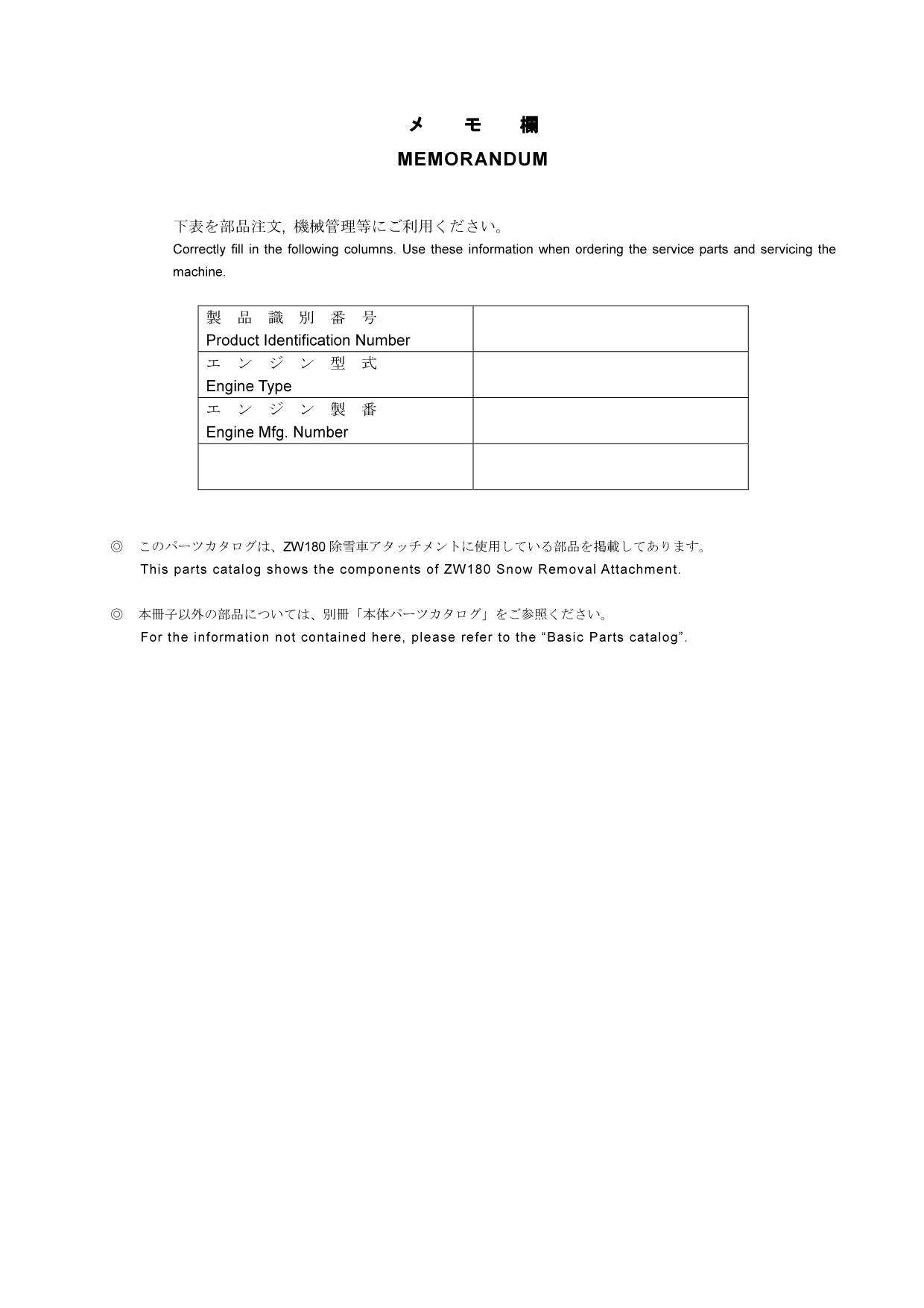 Hitachi ZW180 Snow Removal Attach Wheel Loader Parts Catalog Manual SN 005101-up
