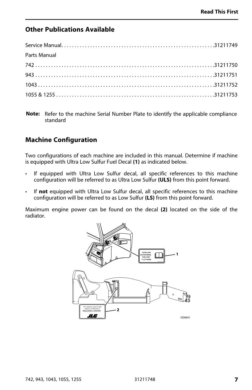 JLG 1043 1055 1255 742 943 Telehandler Maintenance Operators Manual 31211748