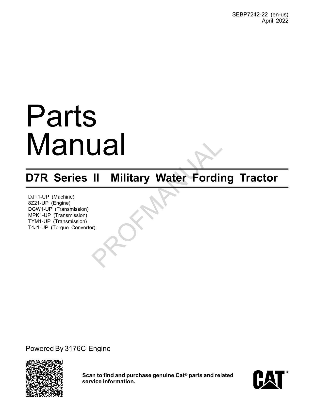 Caterpillar D7R Series II Military Water Fording Tractor Parts Catalog Manual
