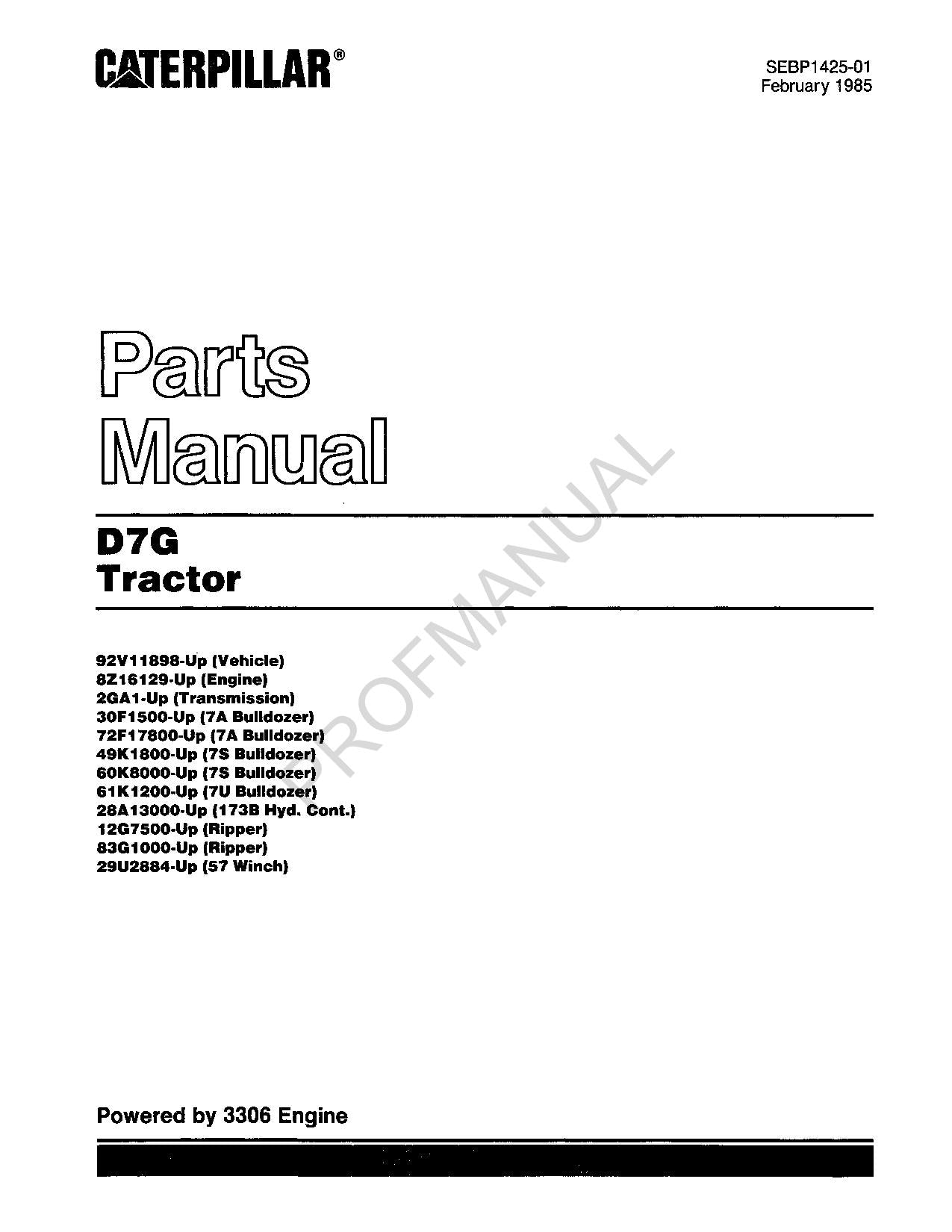 Caterpillar Cat D7G Tractor Parts Catalog Manual SEBP1425