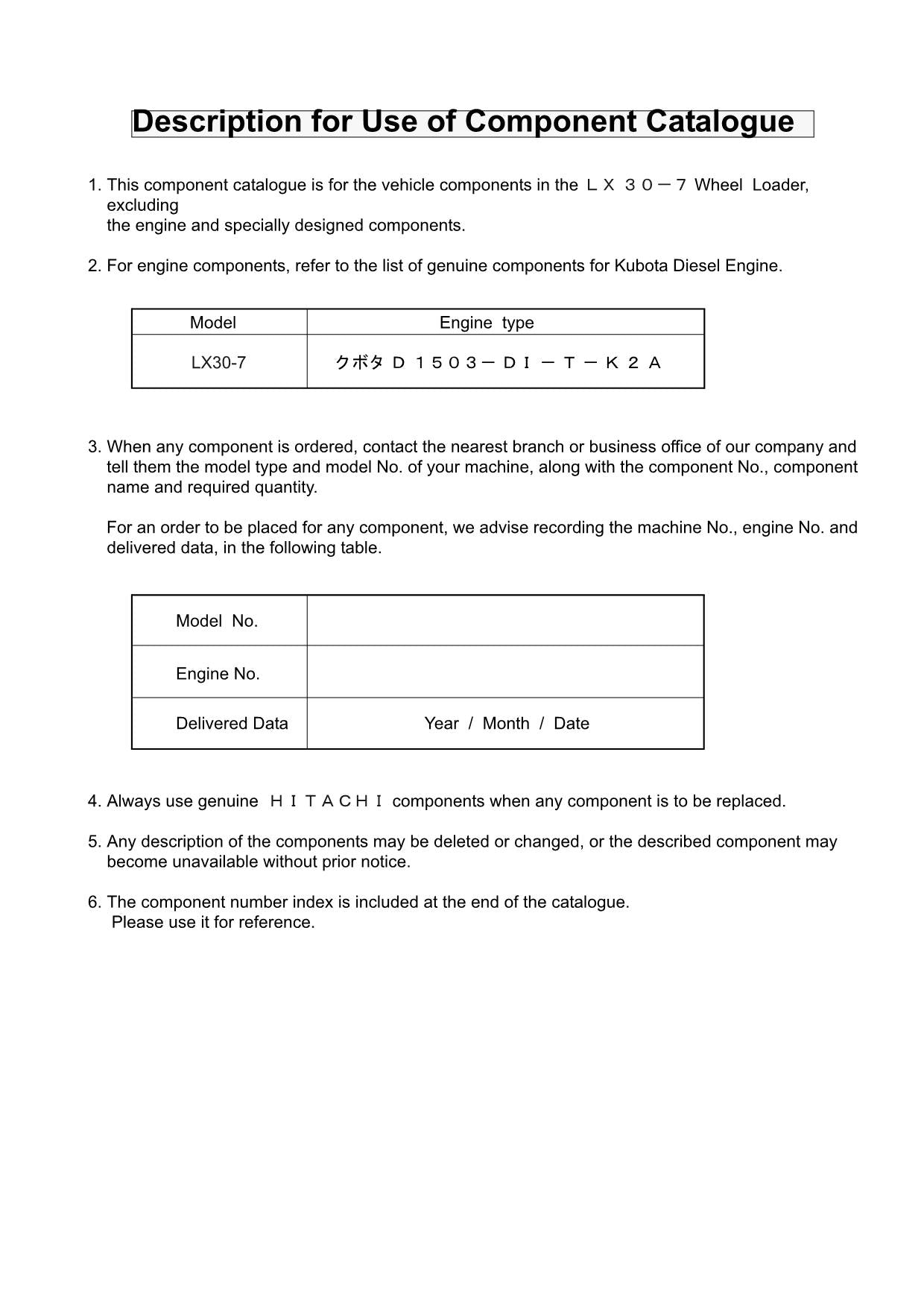 Hitachi LX30-7 Wheel Loader Parts Catalog Manual SN 001001-up
