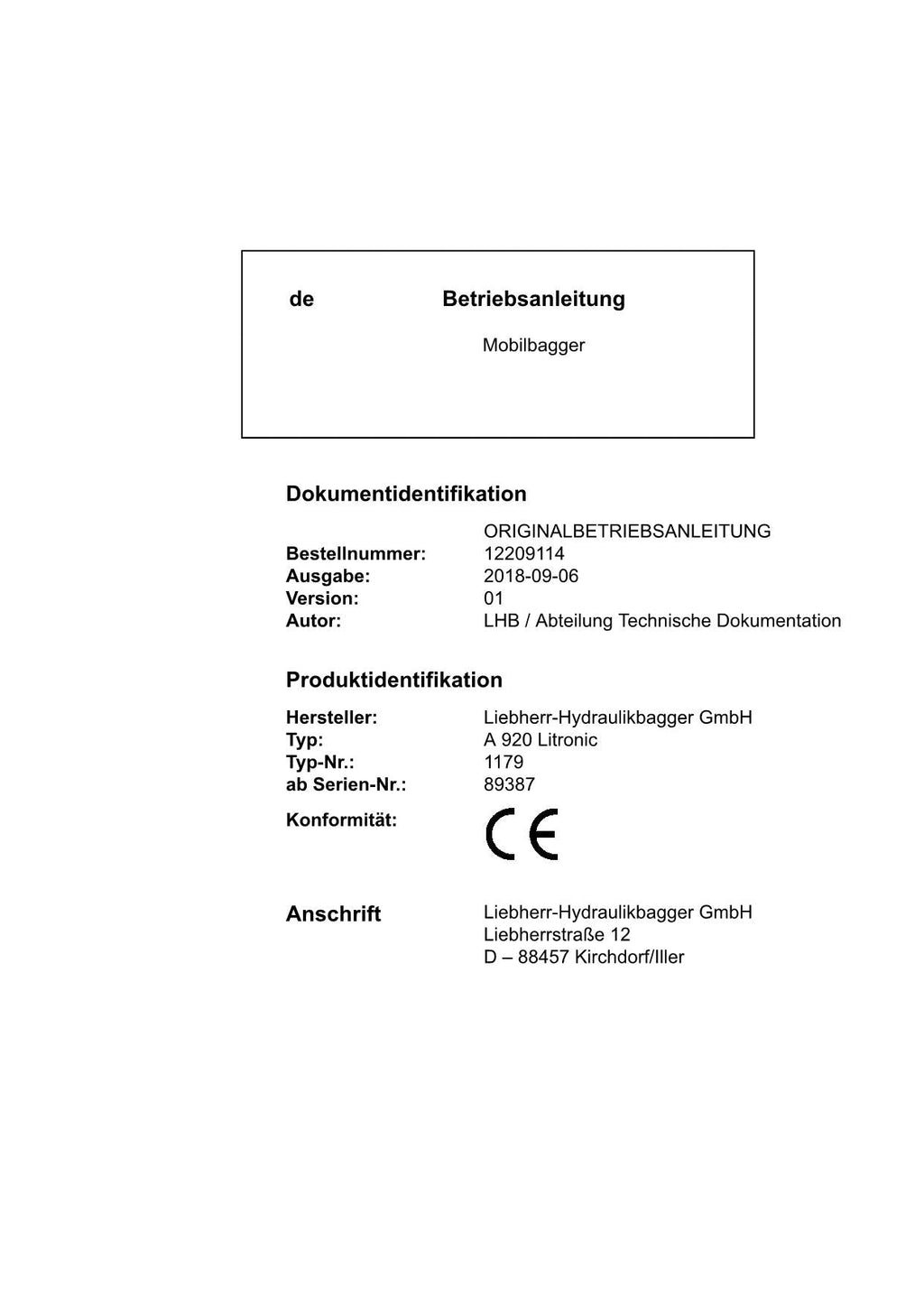 Liebherr A920 Litronic Mobilbagger Betriebsanleitung ser 89387