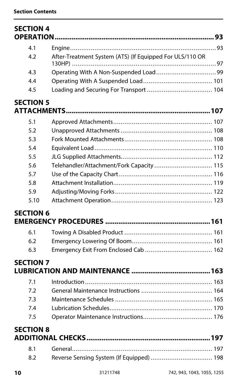 JLG 1043 1055 1255 742 943 Telehandler Maintenance Operators Manual 31211748