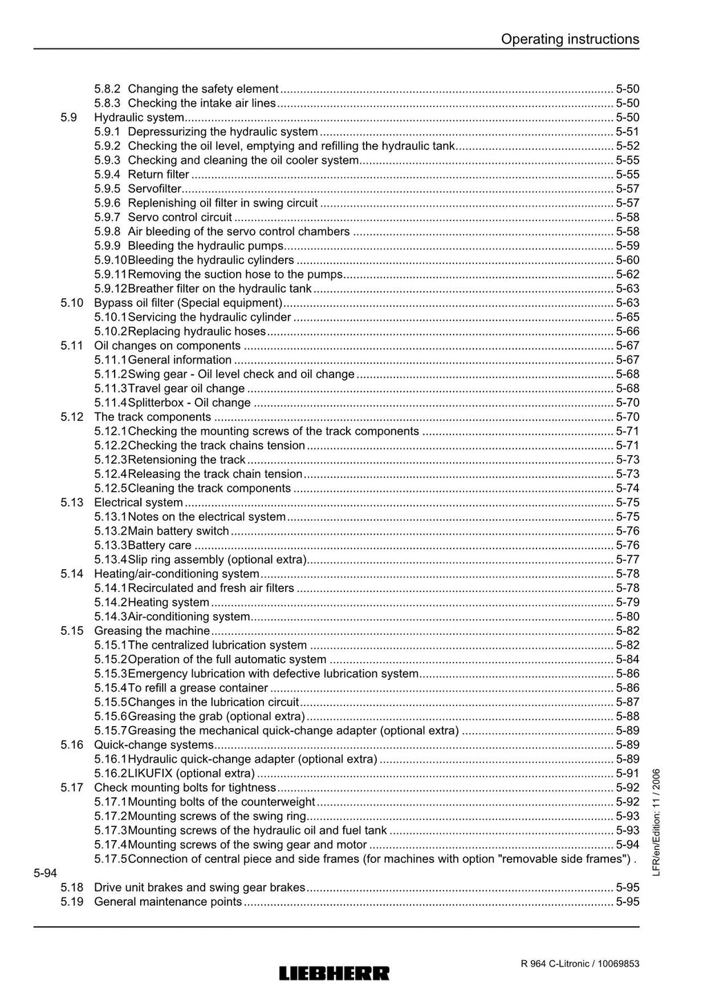 Liebherr R964 C-Litronic Excavator Operators manual serial 16436