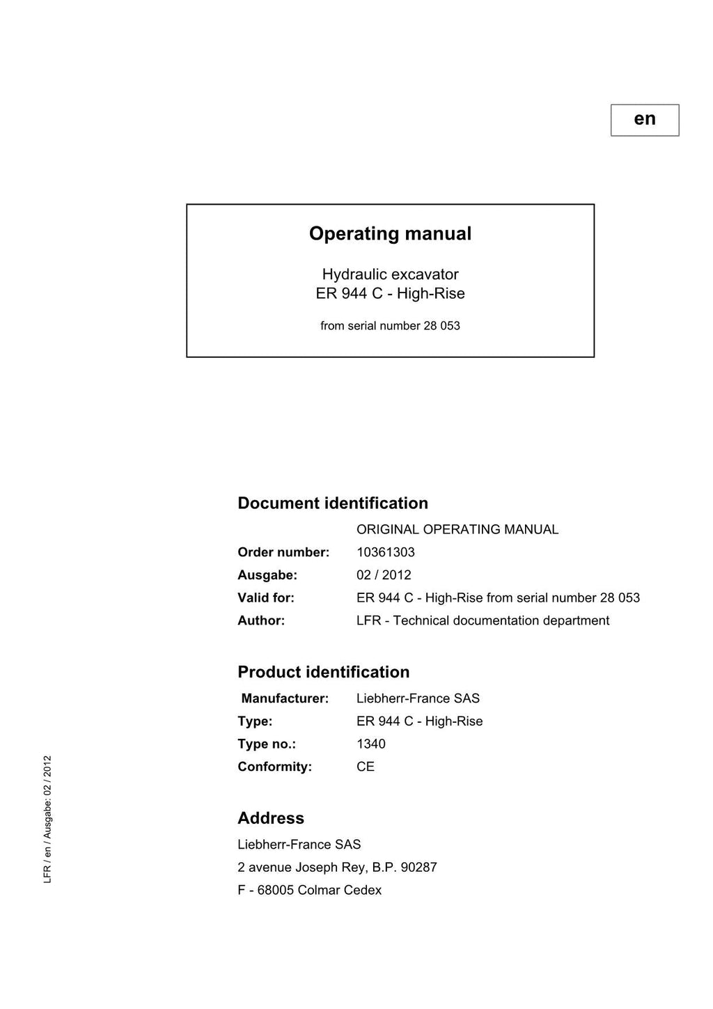 Liebherr ER944 C - High-Rise Excavator Operators manual