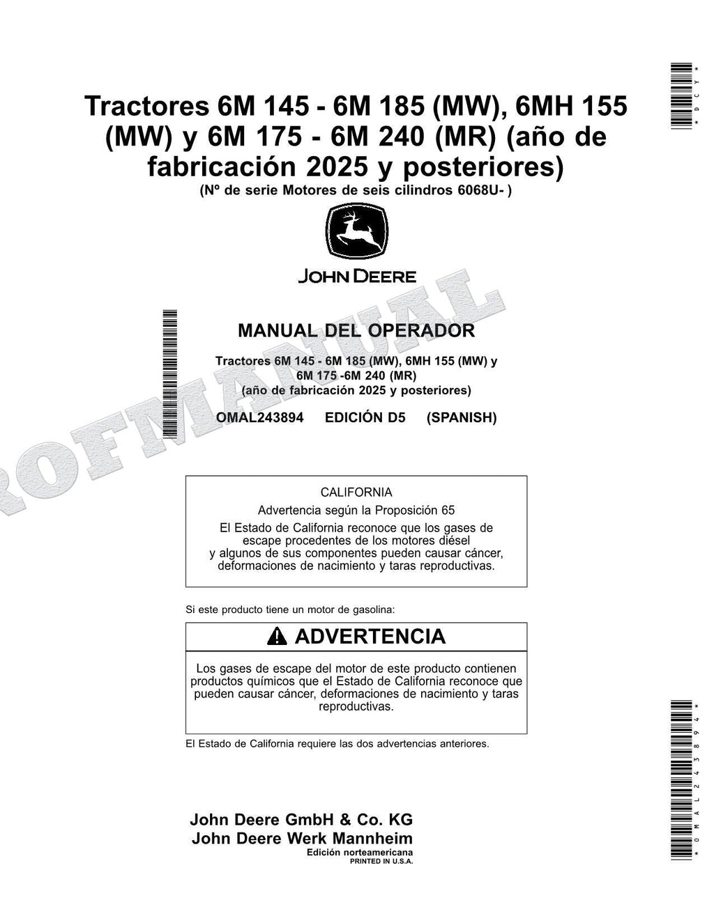 John Deere s 6M 145 - 185 MW 6MH 155 MW Tractor Manual del Operador MY2025