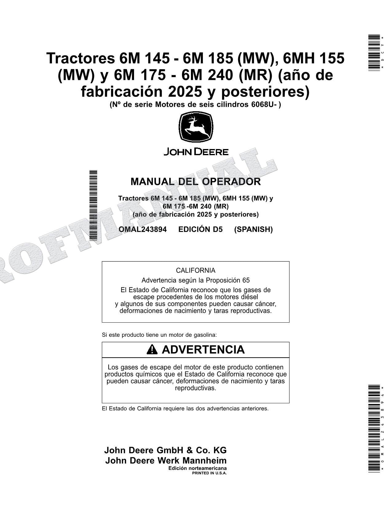 John Deere s 6M 145 - 185 MW 6MH 155 MW Tractor Manual del Operador MY2025