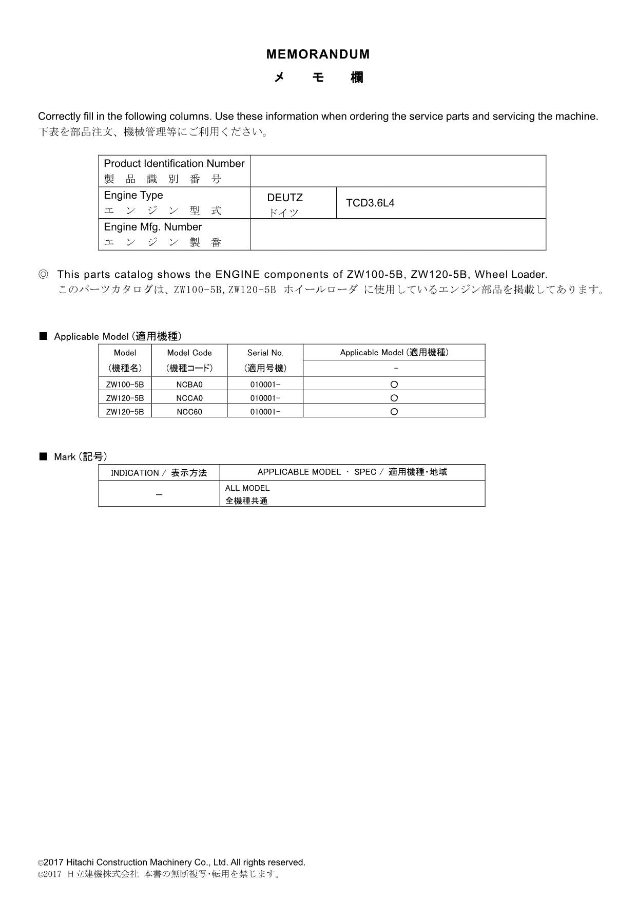 Hitachi ZW100-5B ZW120-5B DEUTS TCD3.6L4 Eng Wheel Loader Parts Catalog Manual