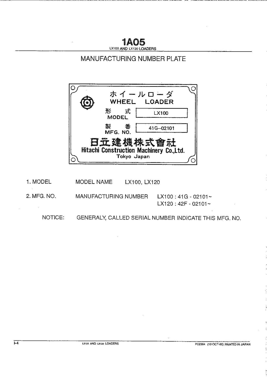 Hitachi LX100-2 LX120-2 Export Wheel Loader Parts Catalog Manual SN 02101-up