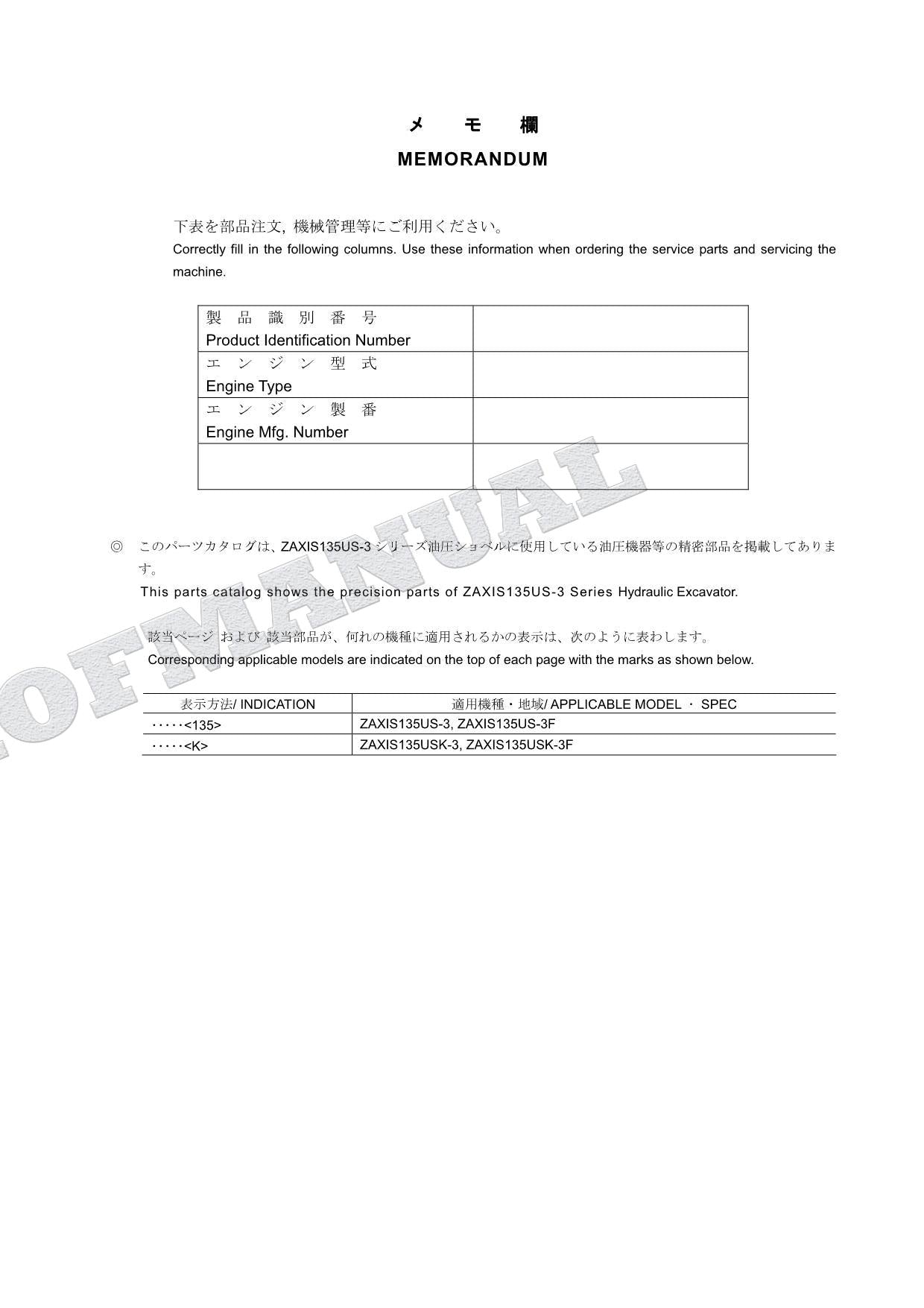 Catálogo de piezas de excavadoras HITACHI ZX135US-3 ZX135USK-3