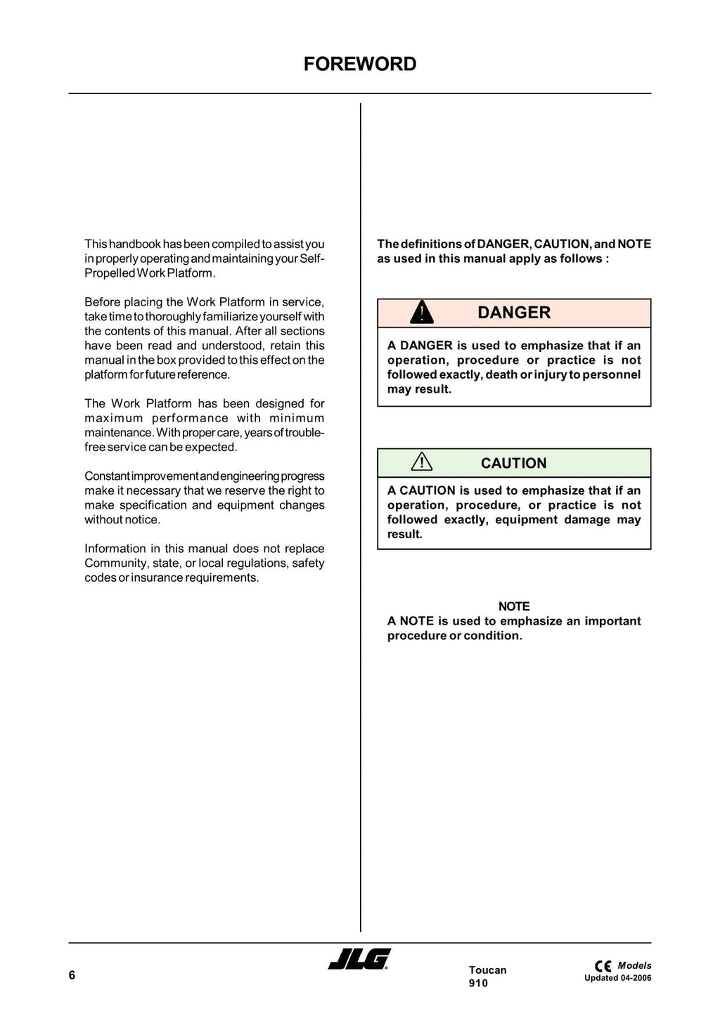 TOUCAN 910 Vertical Lift Maintenance Operation Operators Manual