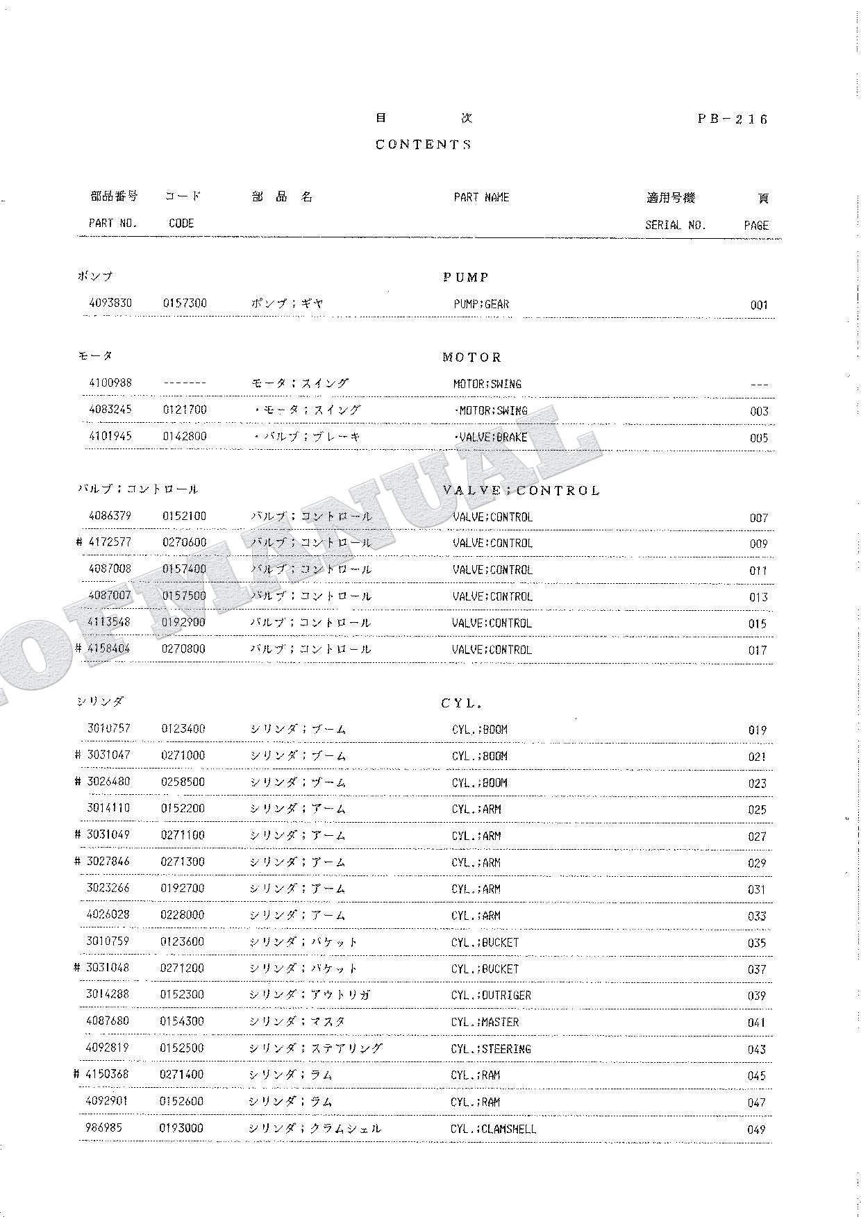 HITACHI WH04D WH051D Equipment Component Excavator Parts Catalog Manual SN 0001-