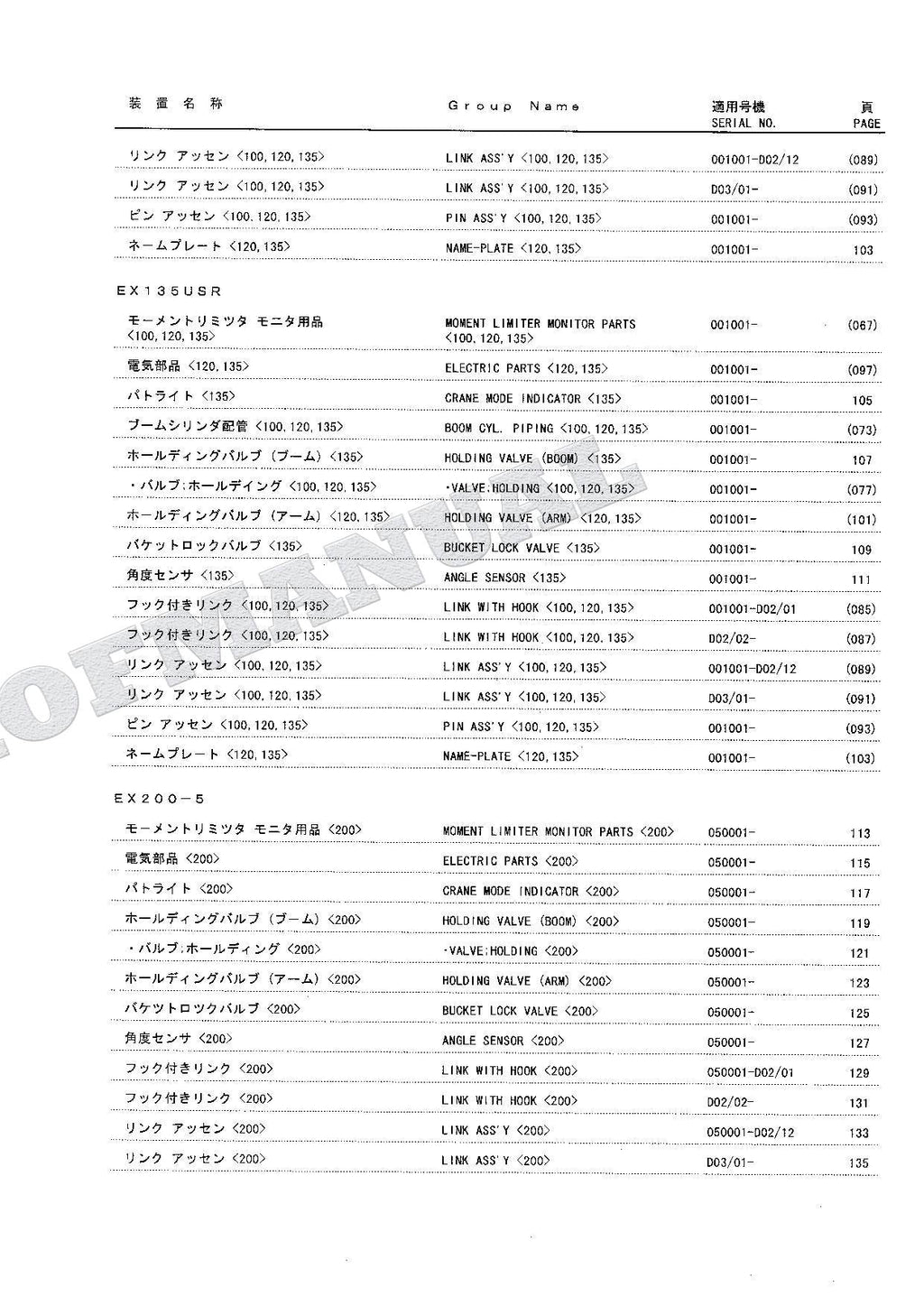HITACHI EX60-5 EX75US-5 EX100-5 ML Light Crane Excavator Parts Catalog Manual