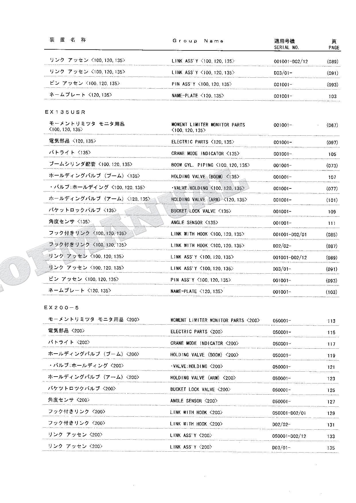 HITACHI EX60-5 EX75US-5 EX100-5 ML Light Crane Excavator Parts Catalog Manual