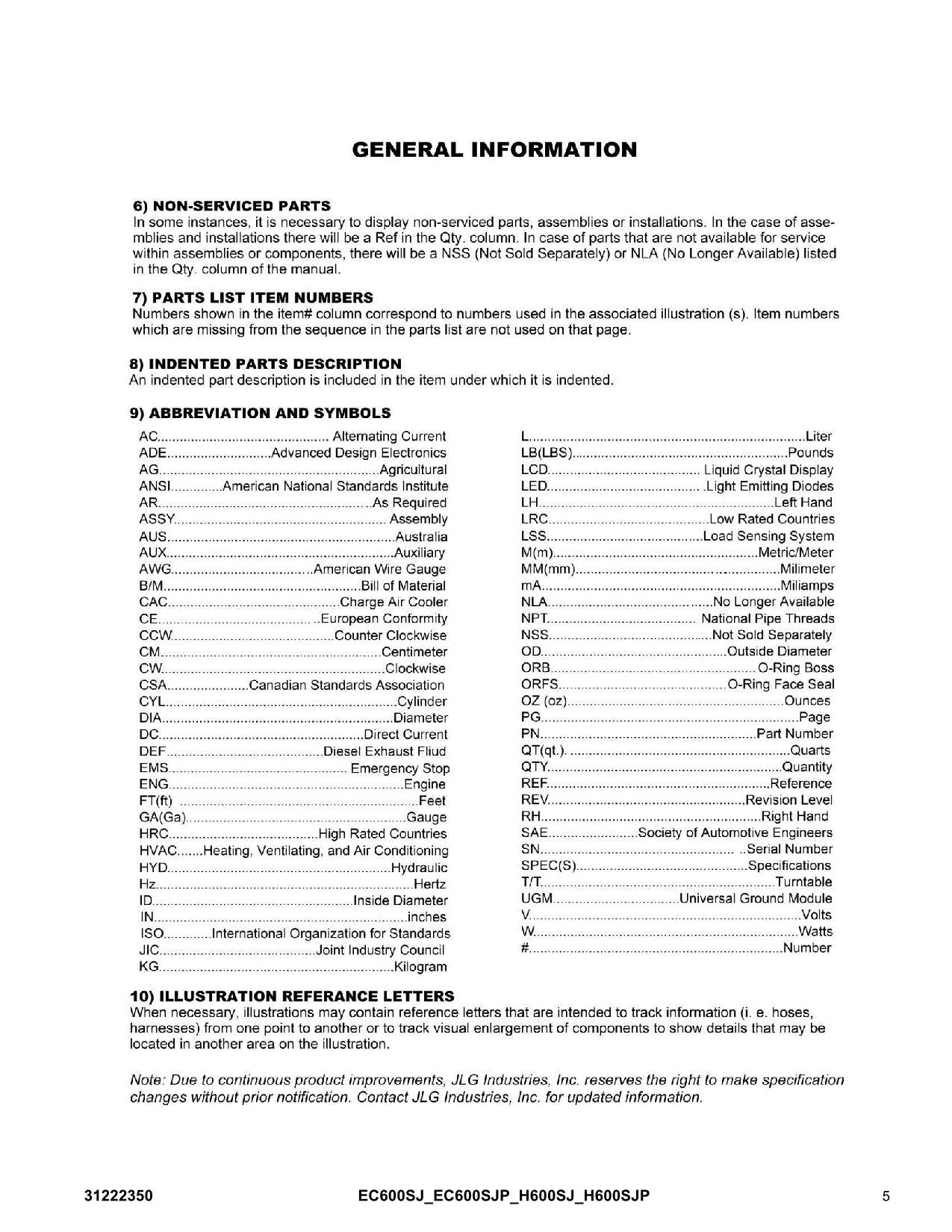 Manual del catálogo de piezas de plataformas elevadoras JLG EC600SJ EC600SJP H600SJ H600SJP