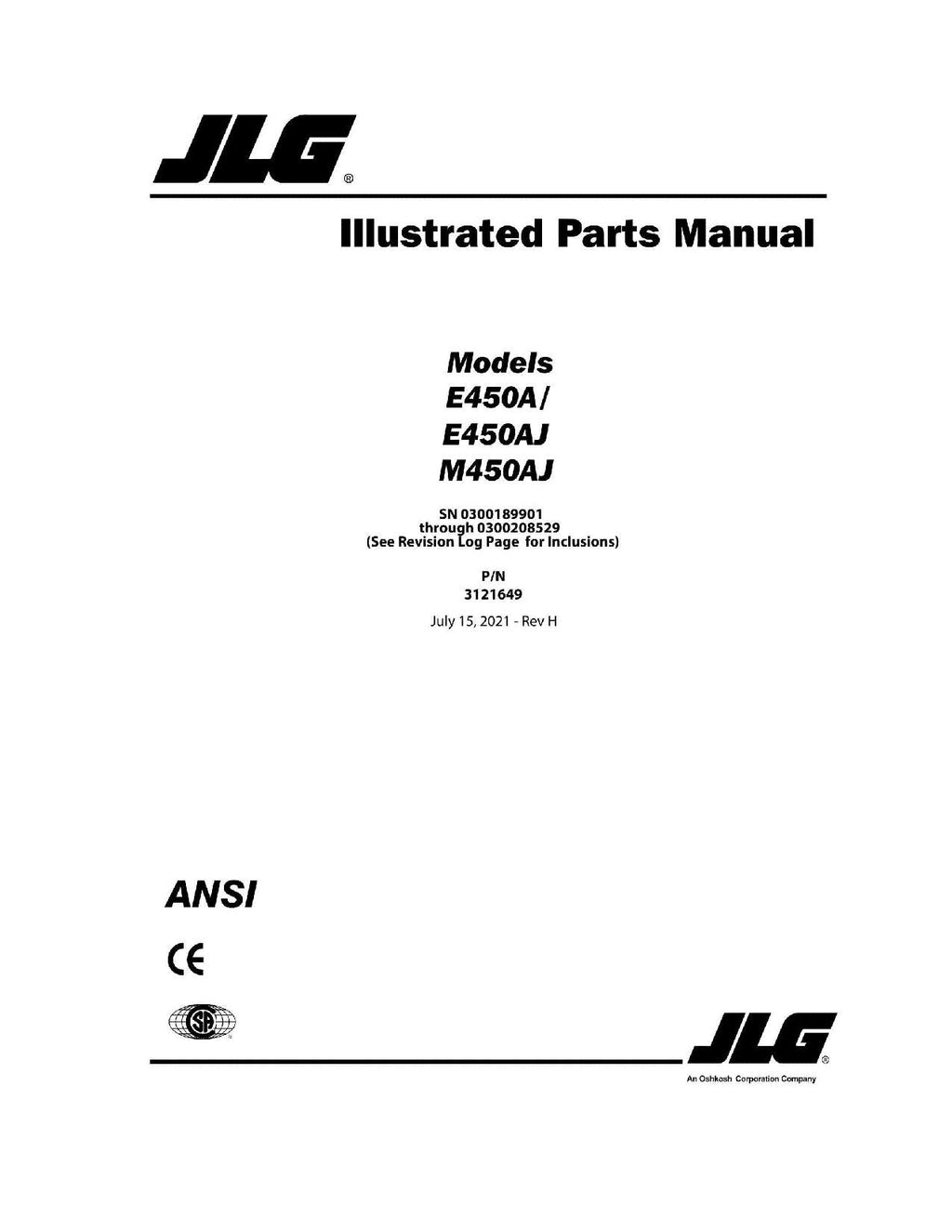 JLG E450A E450AJ M450AJ Boom Lift Parts Catalog Manual 3121649
