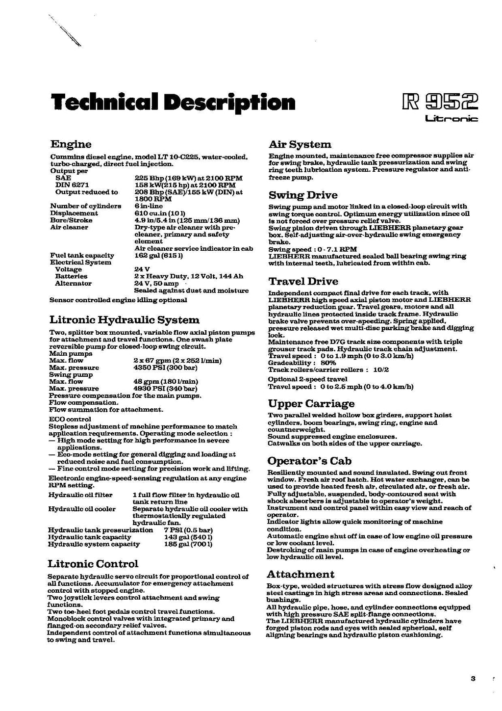 Liebherr R952 Litronic Excavator Operators manual
