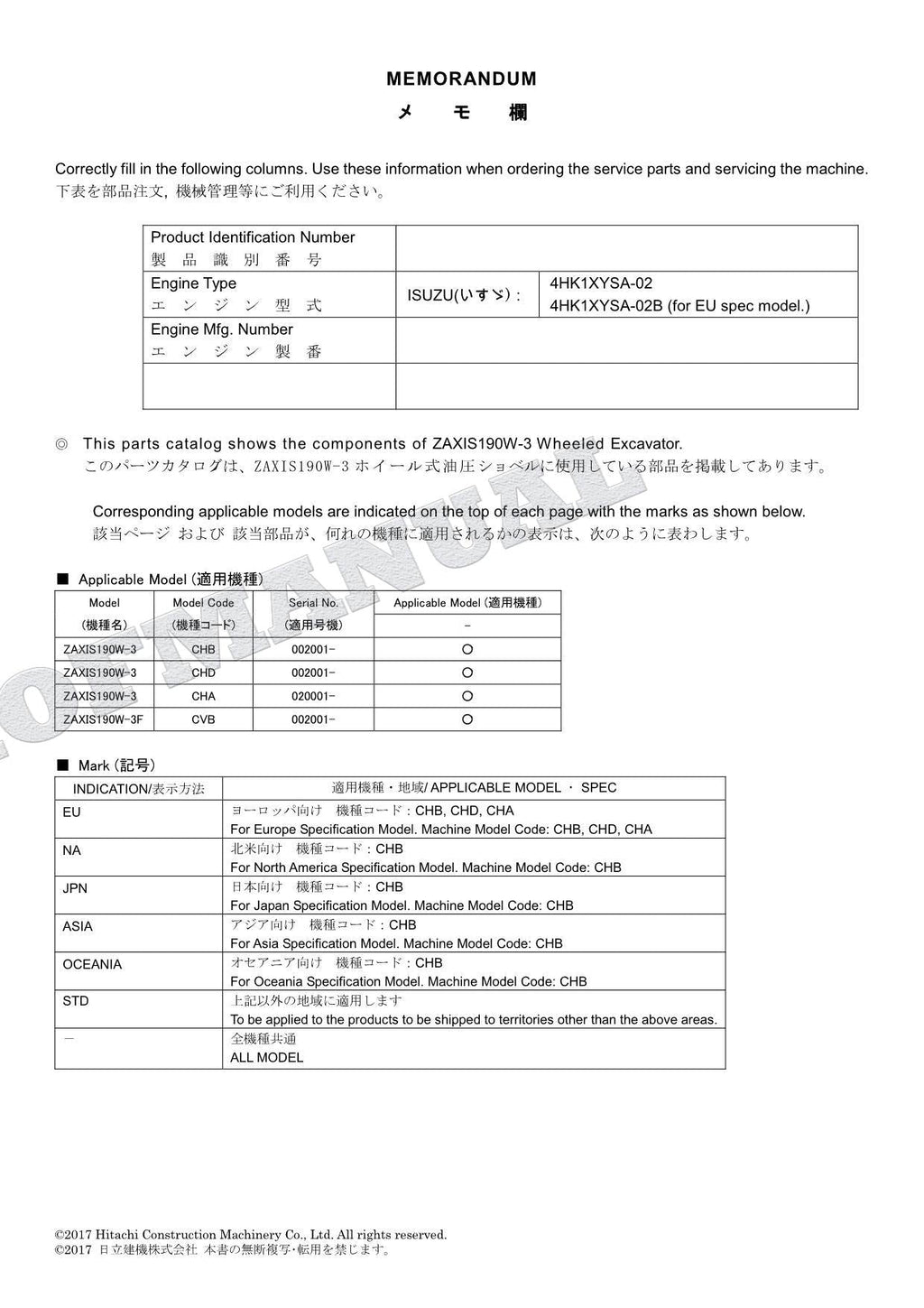HITACHI ZAXIS ZX190W-3 Excavator Parts Catalog Manual