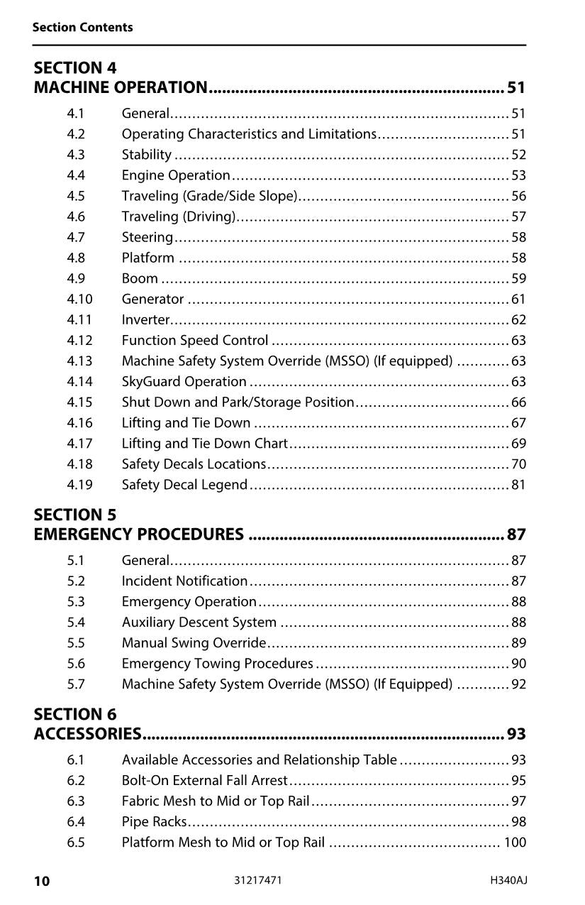 Manual del operador de mantenimiento y operación de la plataforma elevadora JLG H340AJ 31217471