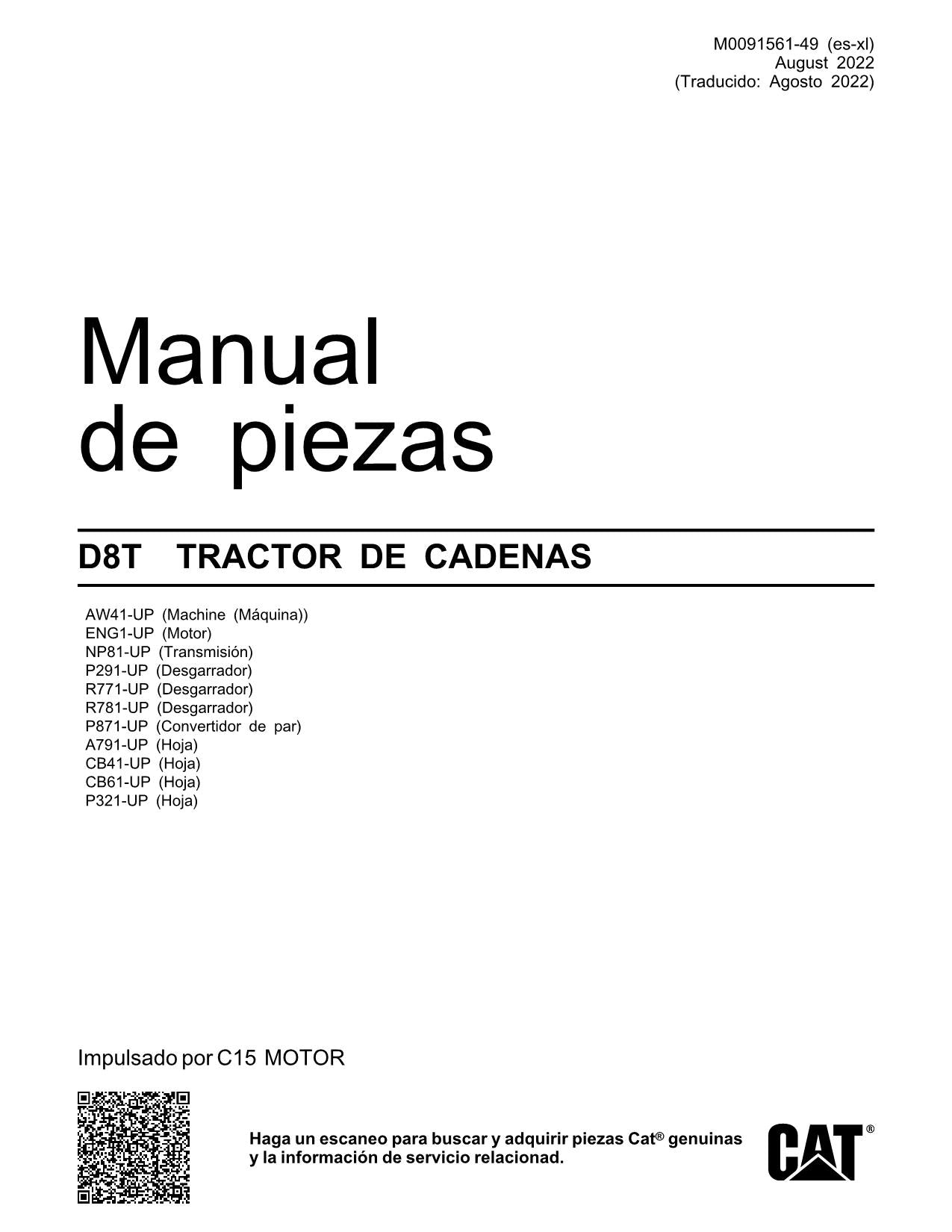 Caterpillar D8T Tractor de Cadenas Manual de piezas AW41-Up Español