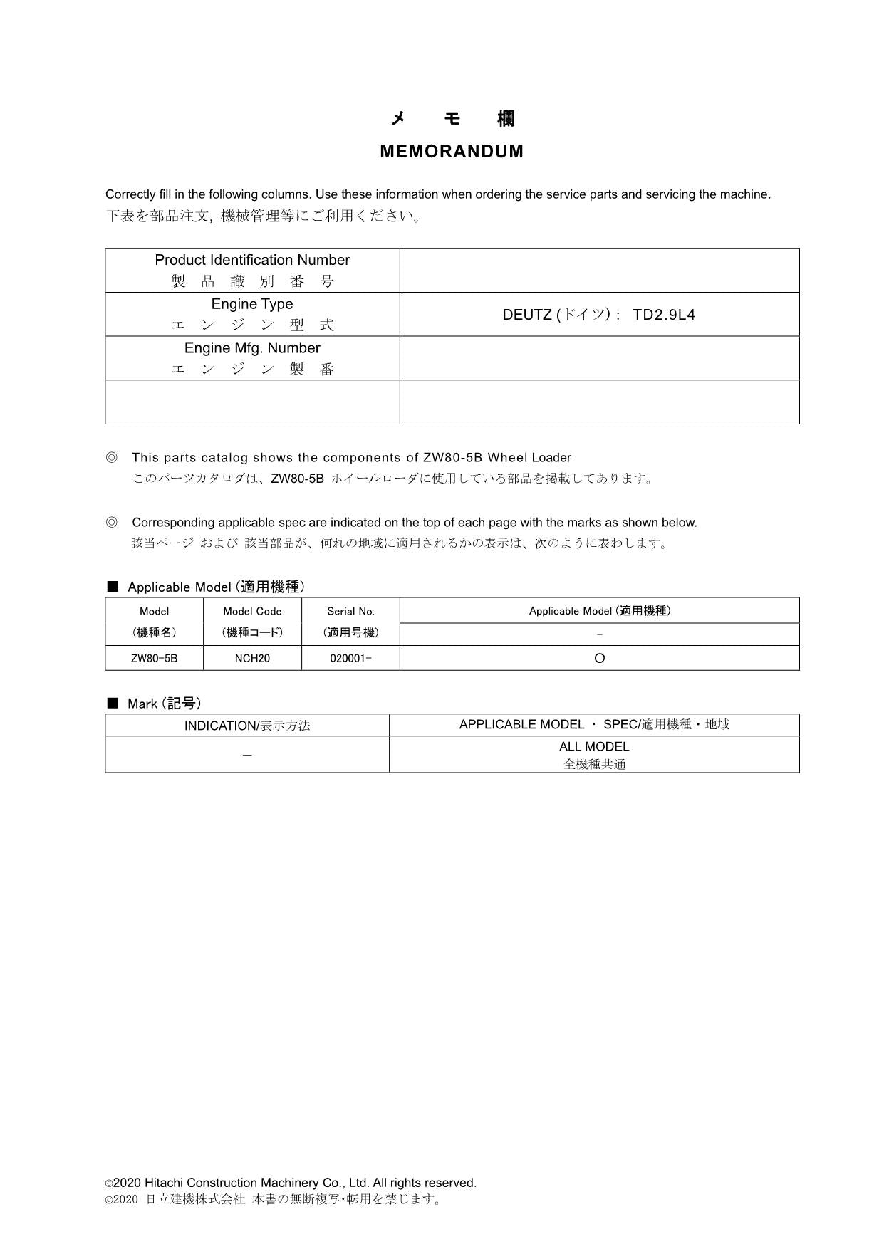 Hitachi ZW80-5B New Zealand Spec Wheel Loader Parts Catalog Manual SN 020001-up