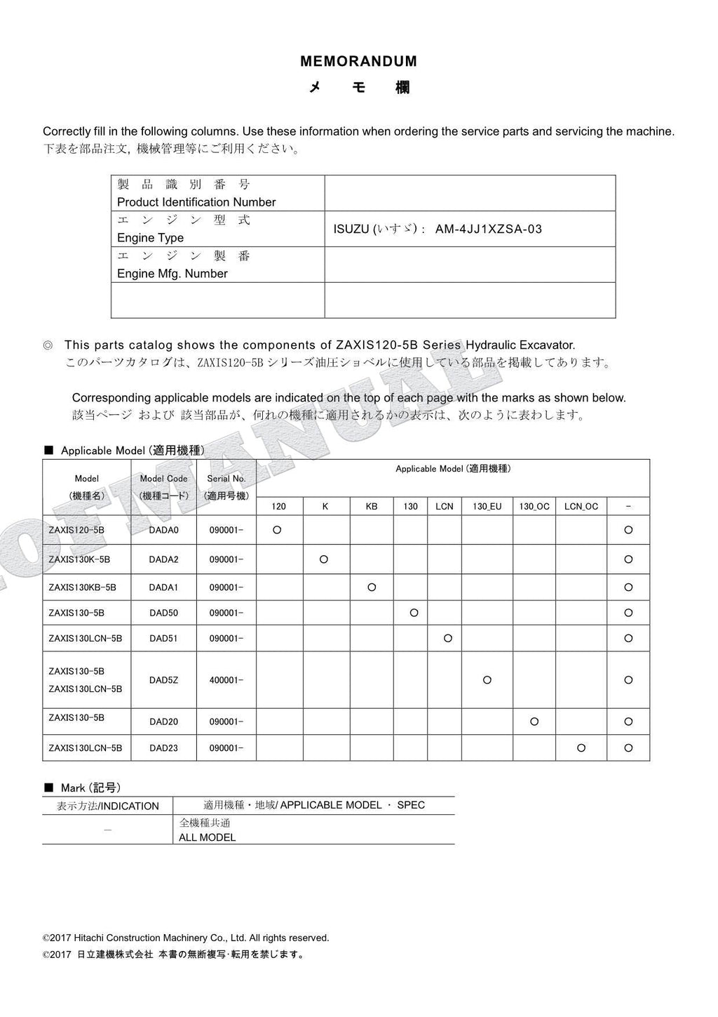 HITACHI ZX120-5B ZX130-5B ZX130K-5B Excavator Parts Catalog Manual