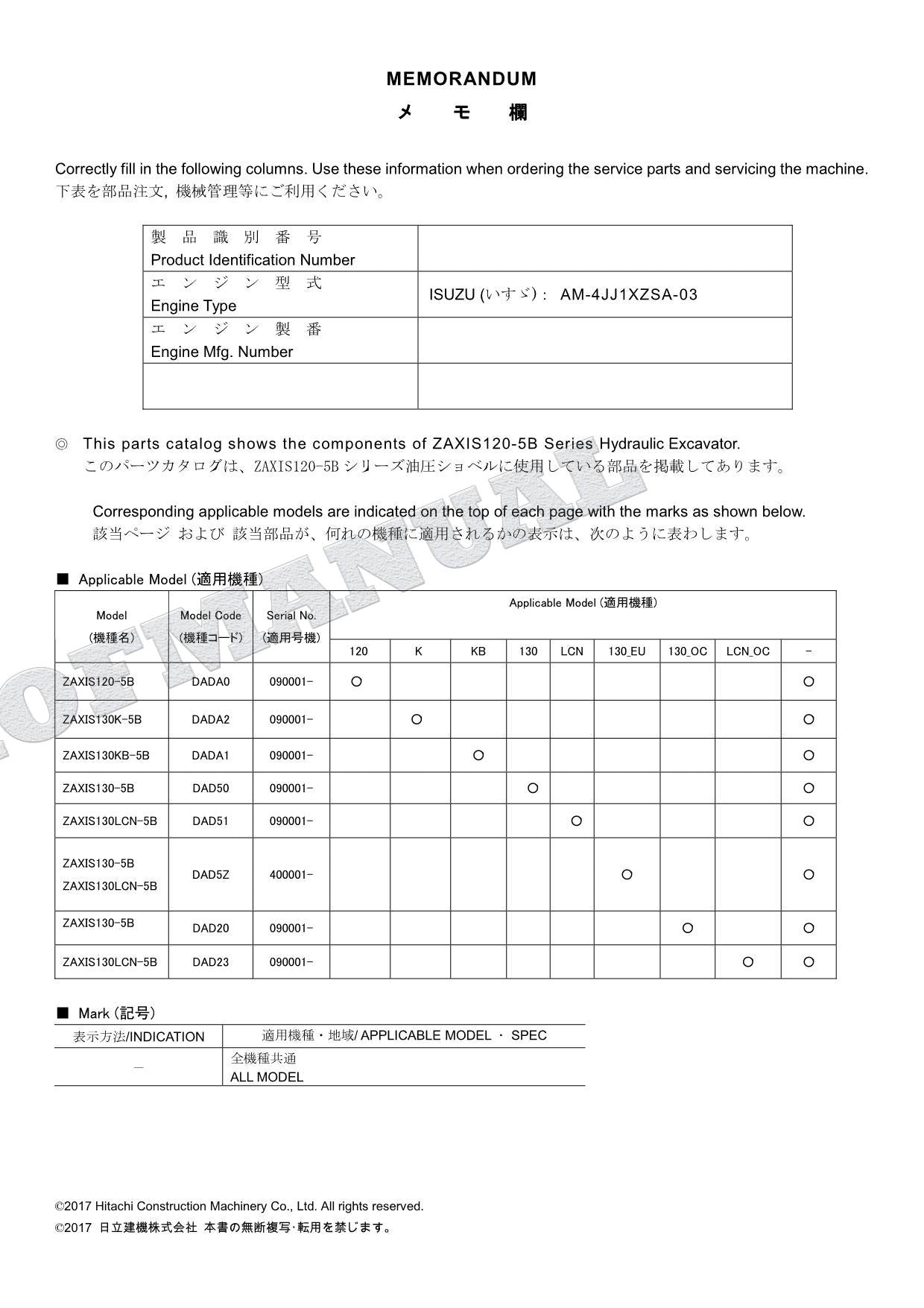 HITACHI ZX120-5B ZX130-5B ZX130K-5B Excavator Parts Catalog Manual