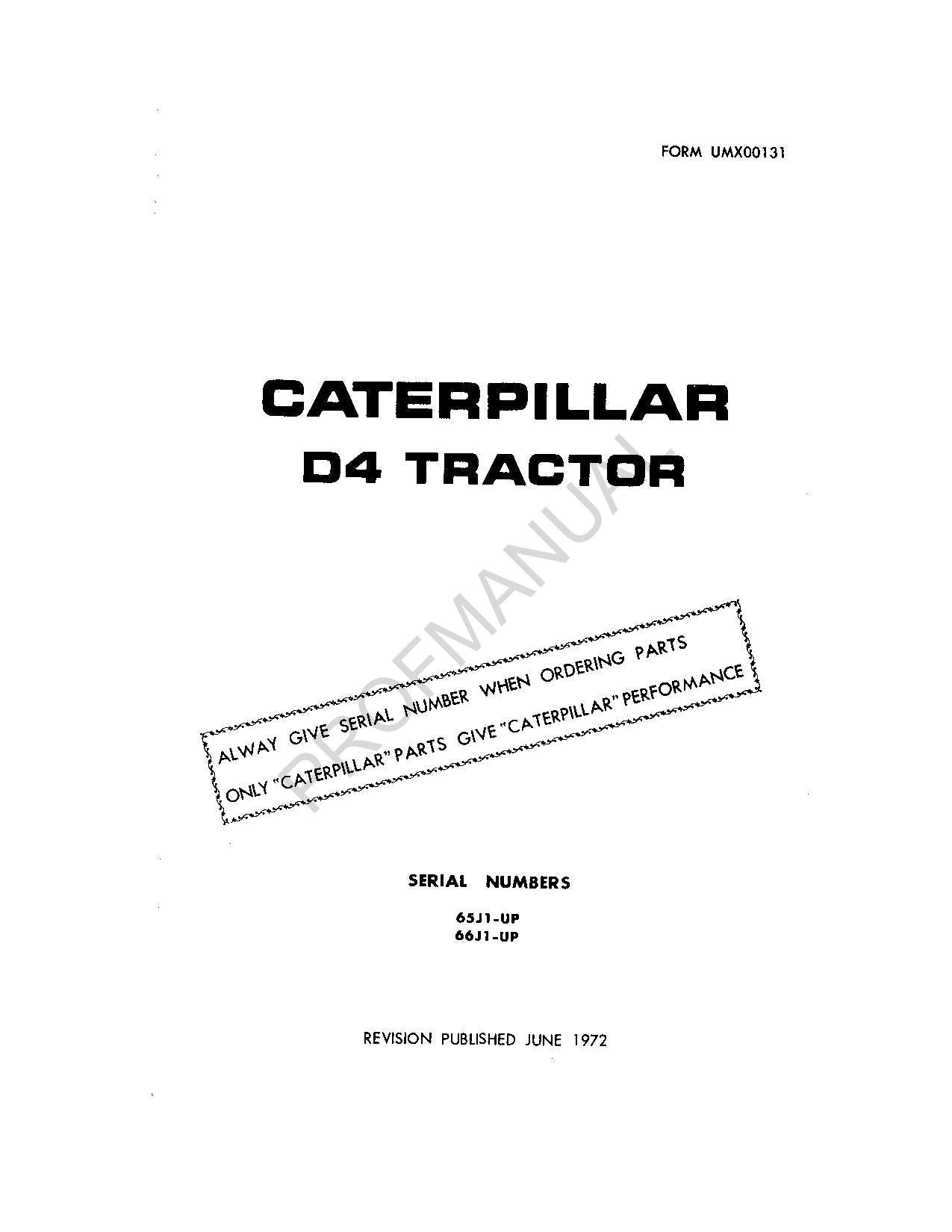 Caterpillar Cat D4 Tractor Parts Catalog Manual ser 66J1-Up 65J1-Up