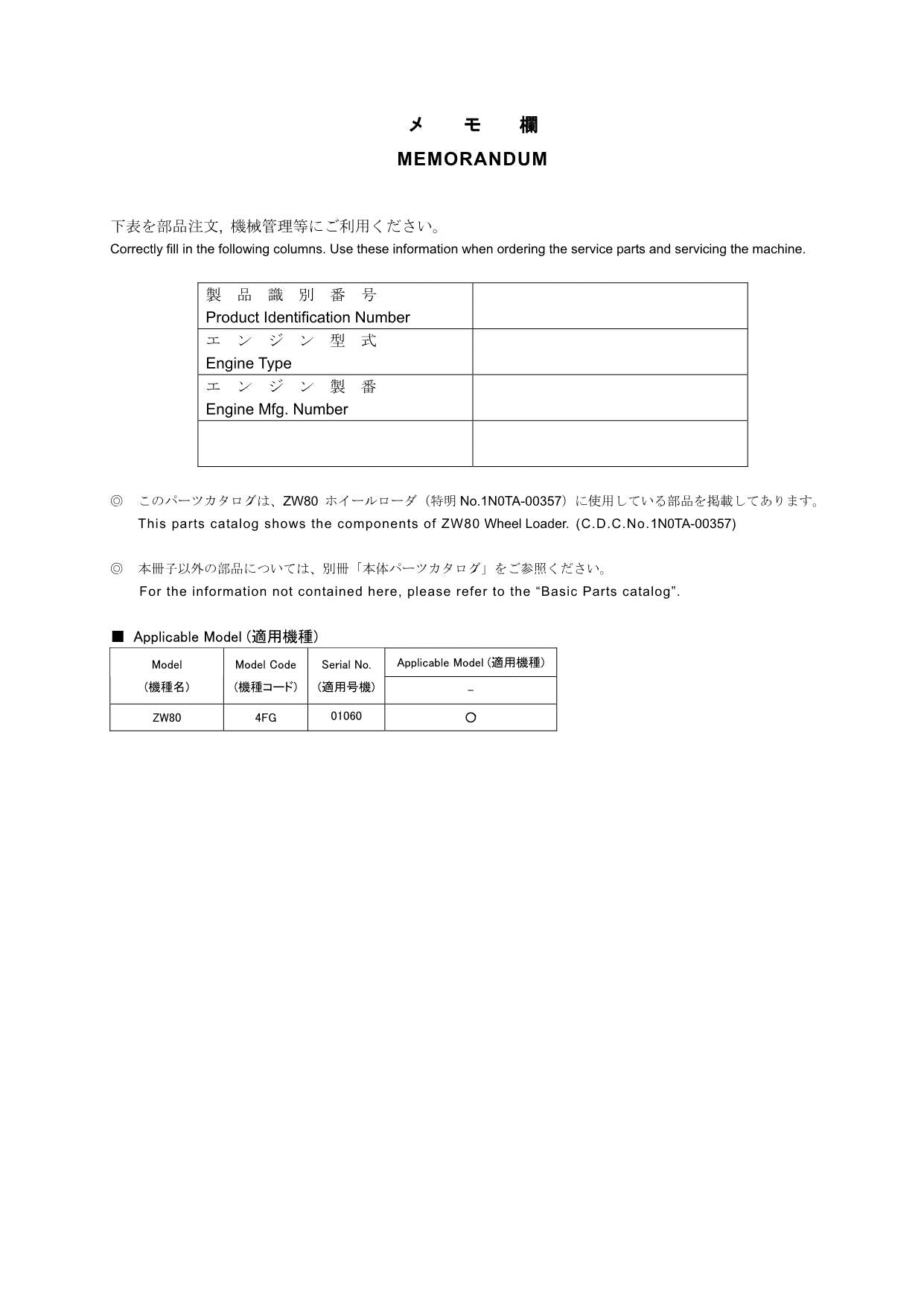 Hitachi ZW80 No.1N0TA-00357 Wheel Loader Parts Catalog Manual SN 01060