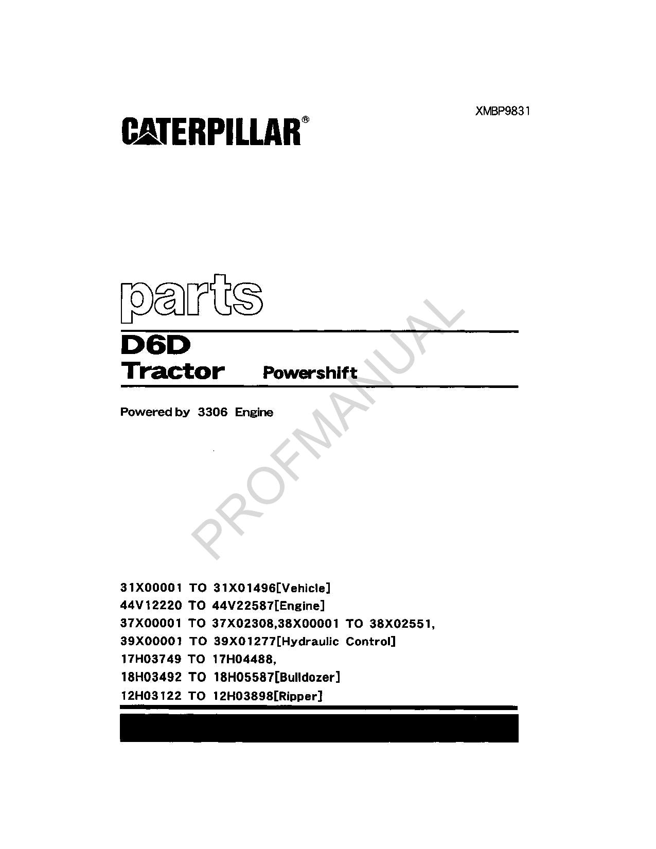 Caterpillar Cat D6D Tractor Powershift Parts Catalog Manual XMBP9831