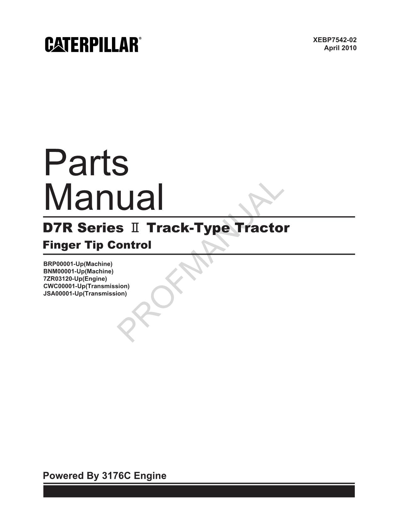Caterpillar Cat D7R Series II Track Type Tractor Parts Catalog Manual XEBP7542