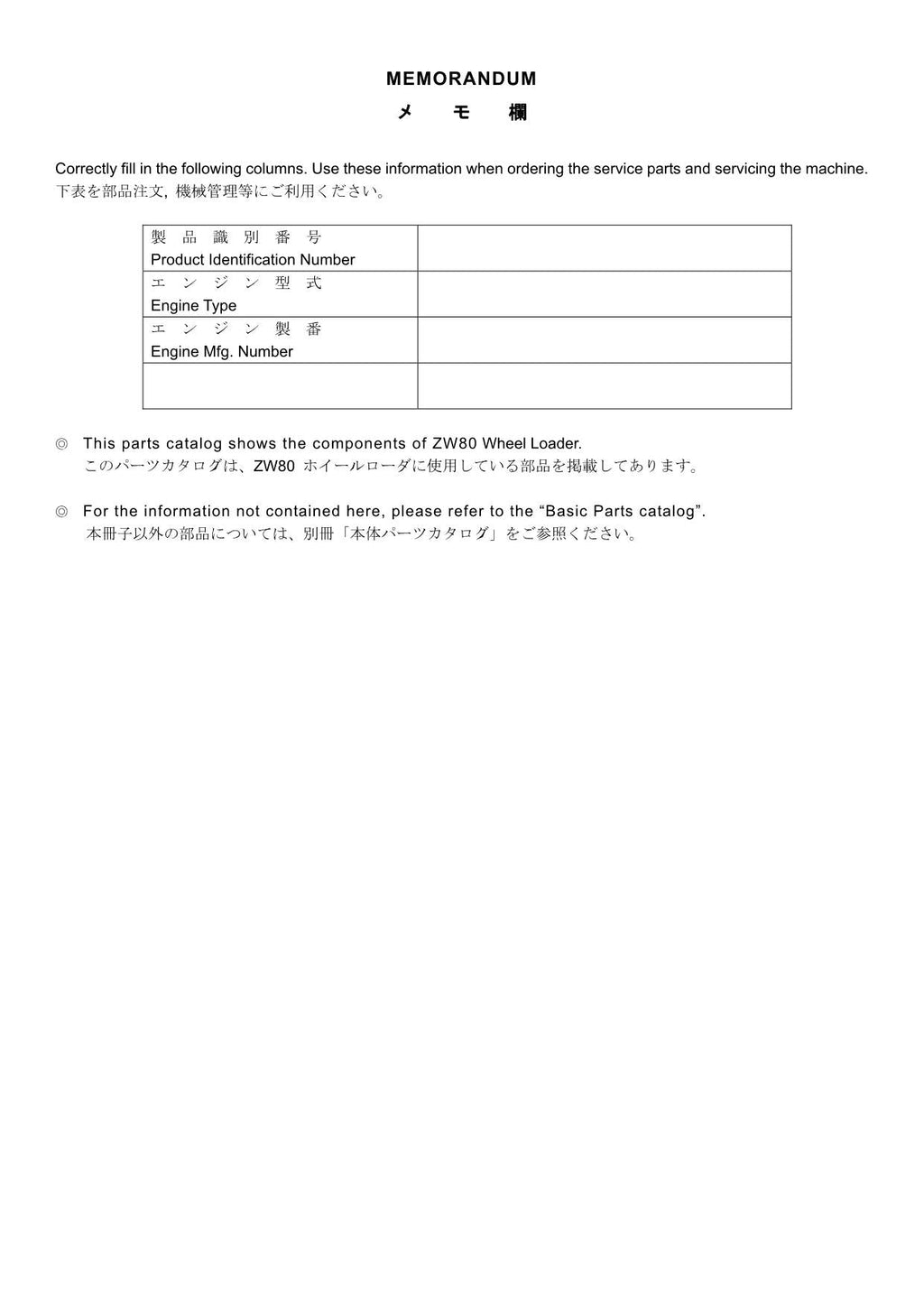 Hitachi ZW80 No.1N000-11549 Wheel Loader Parts Catalog Manual SN 00835