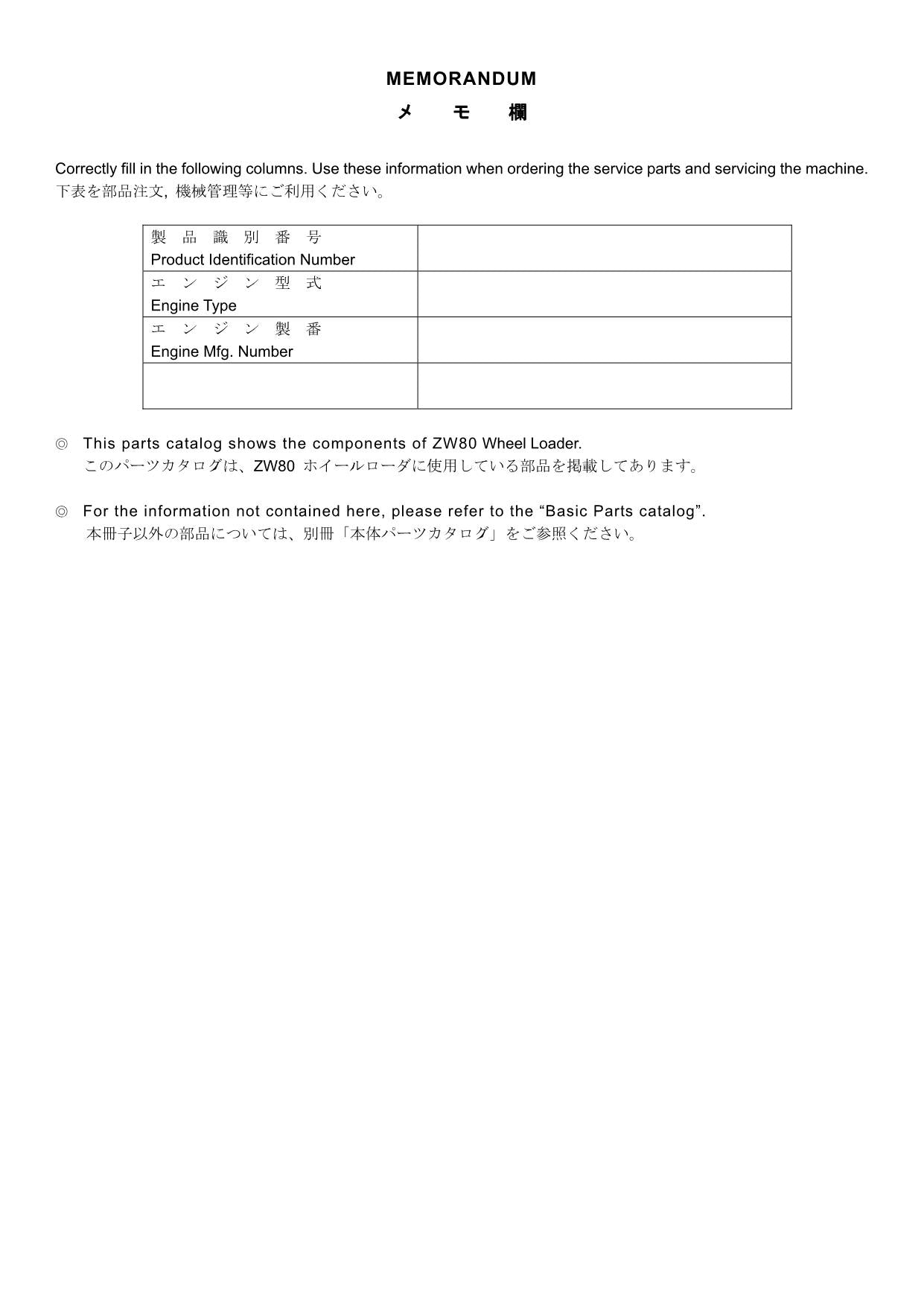 Hitachi ZW80 No.1N000-11549 Wheel Loader Parts Catalog Manual SN 00835