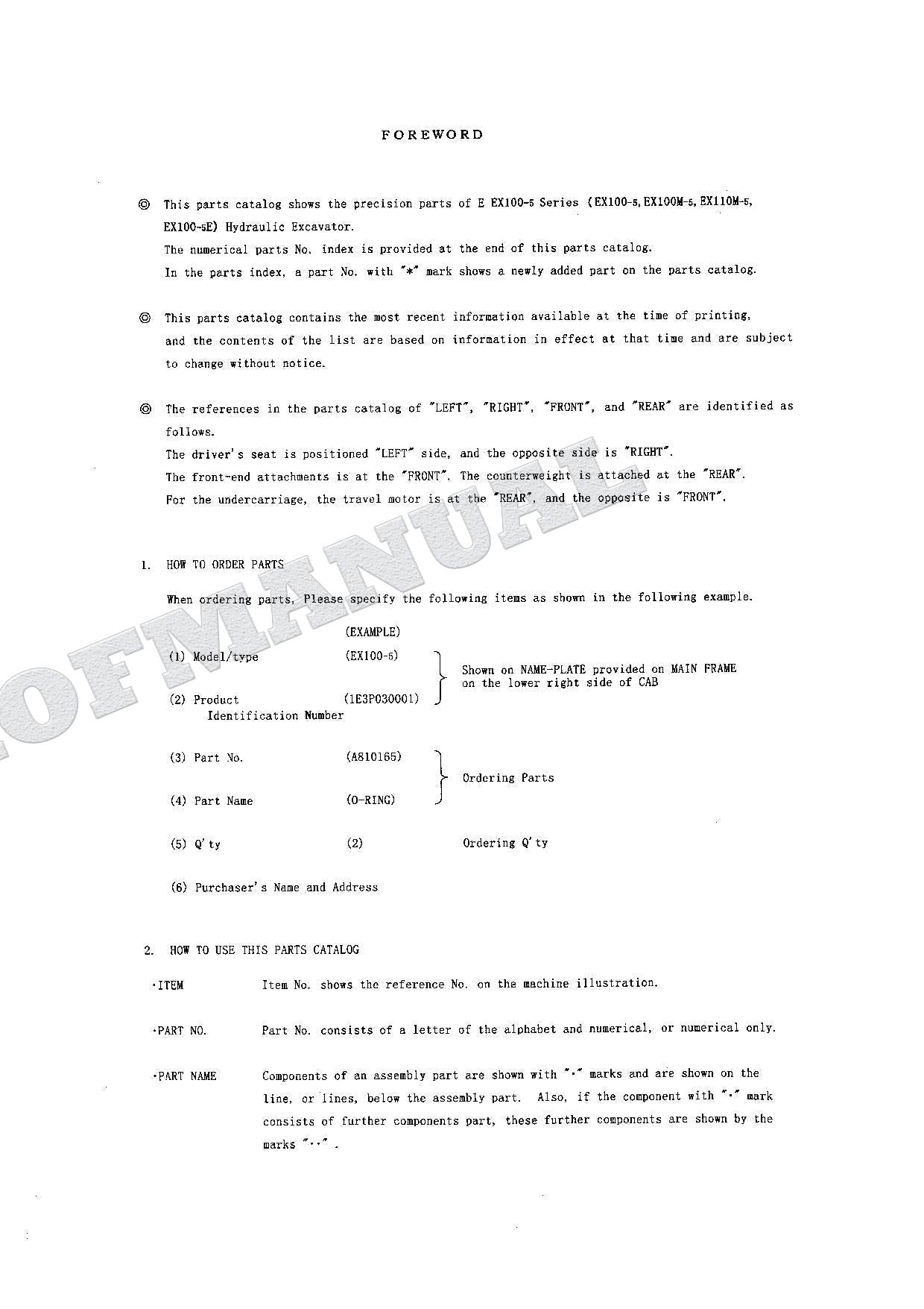 HITACHI EX100-5 EX100M-5 EX110M-5 EX100-5E Equip Excavator Parts Catalog Manual