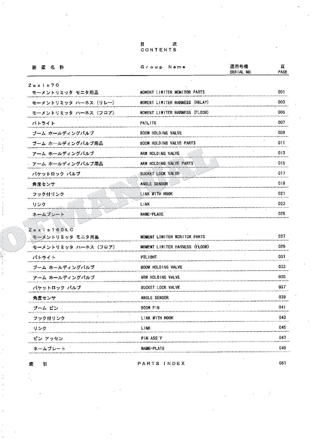 HITACHI ZAXIS ZX70 ZX160LC ML Crane Excavator Parts Catalog Manual