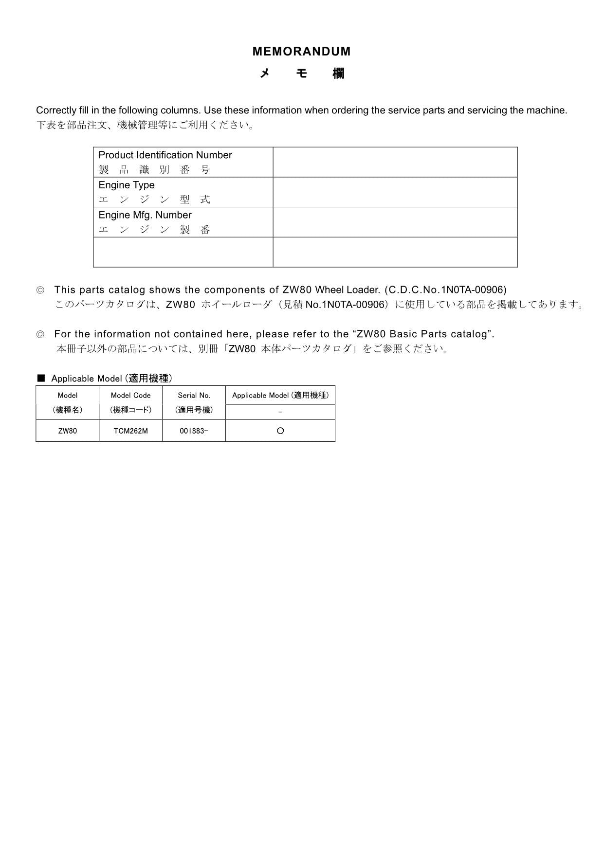 Hitachi ZW80 C.D.C.No.1N0TA-00906 Wheel Loader Parts Catalog Manual SN 001883-up