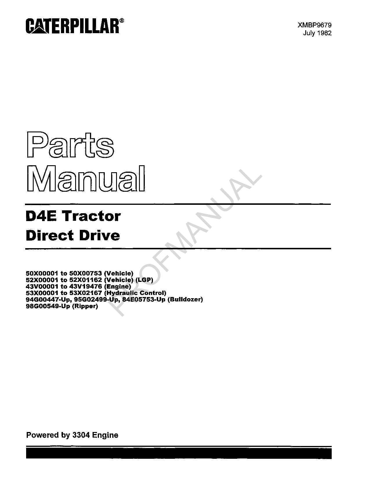 Caterpillar Cat D4E Tractor Direct Drive Parts Catalog Manual XMBP9679