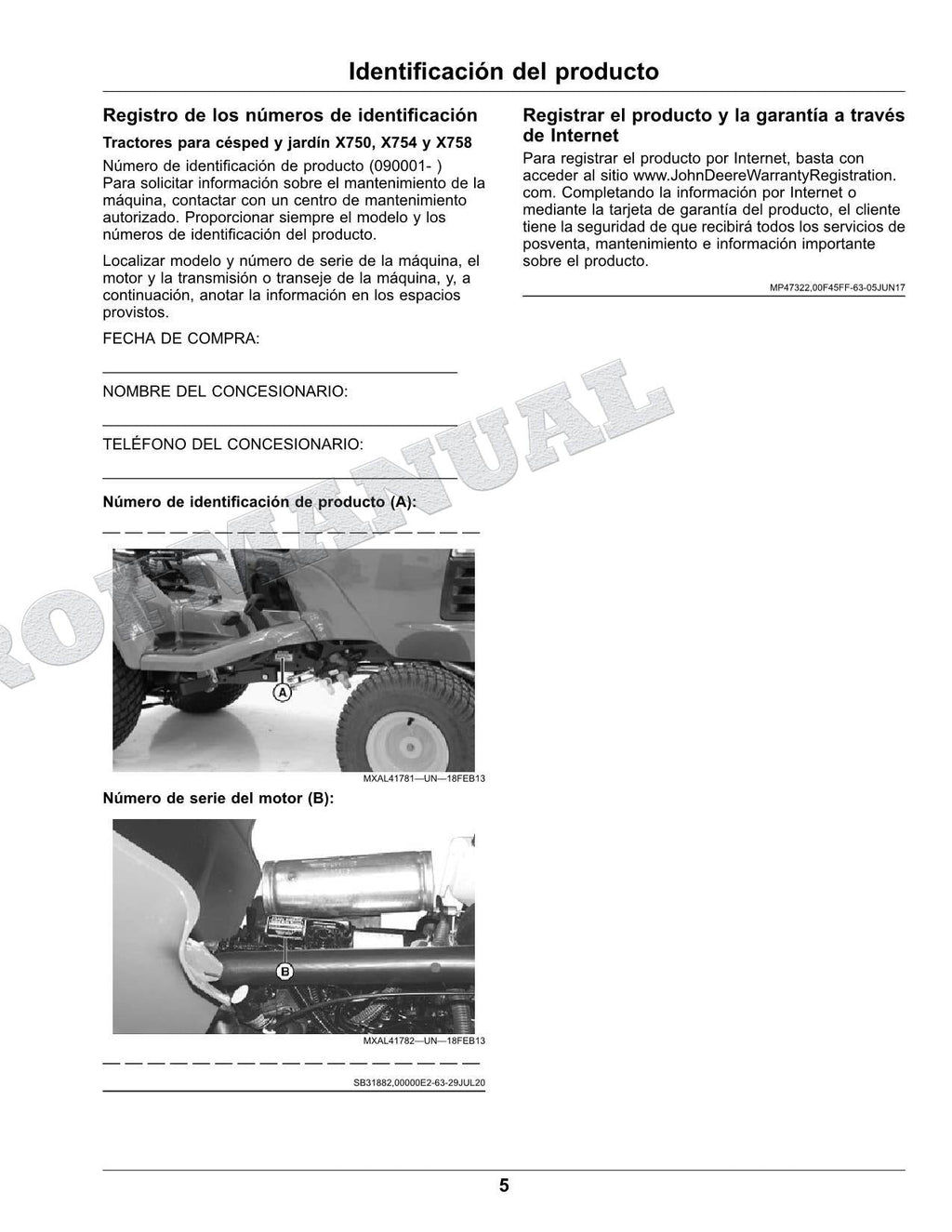 John Deere X750 X754 X758 Tractor Manual del Operador Español SN 090001-